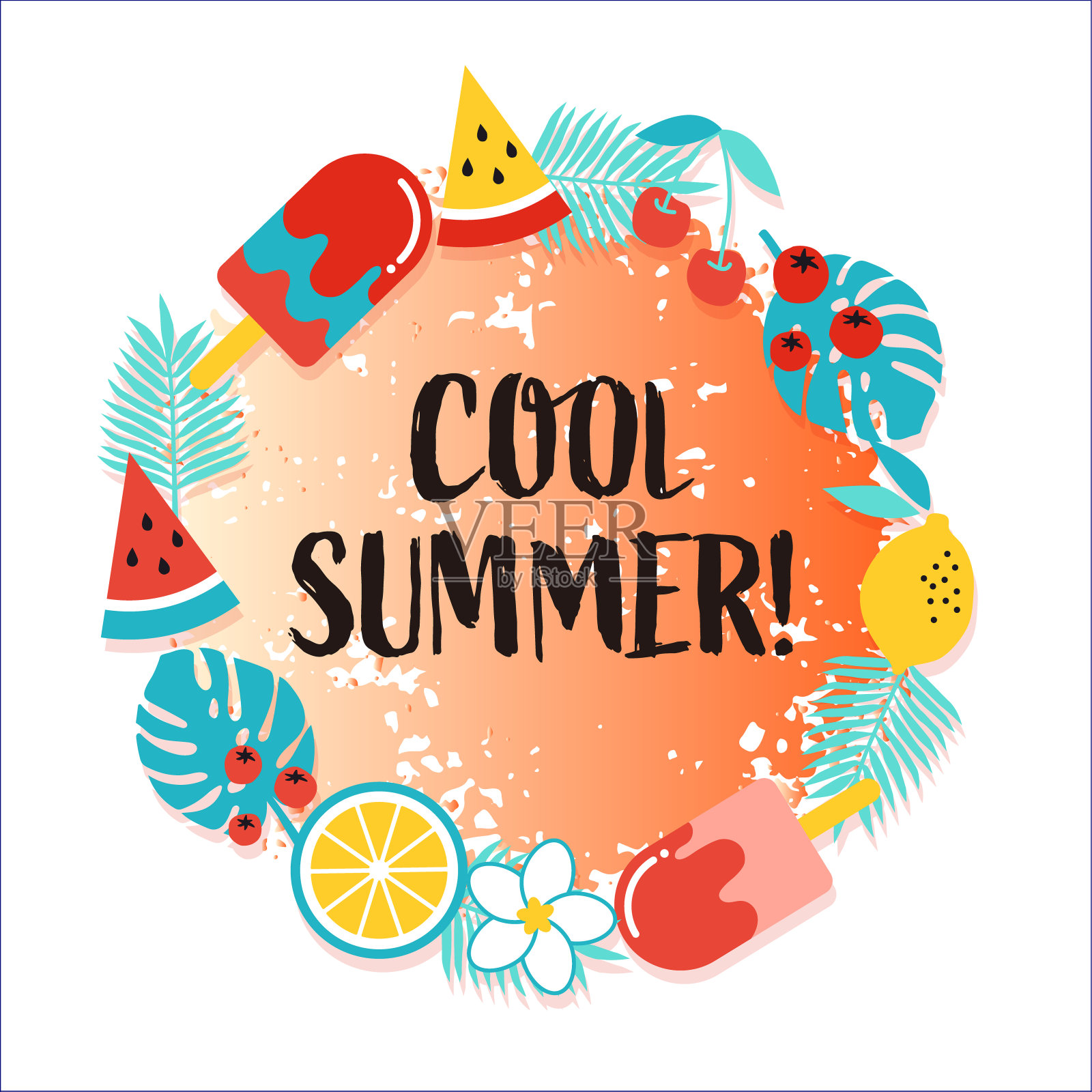 一套可爱的夏季图标:食物，饮料，棕榈叶，水果，火烈鸟。暑假，旅游，海滩度假和天。矢量插图。插画图片素材