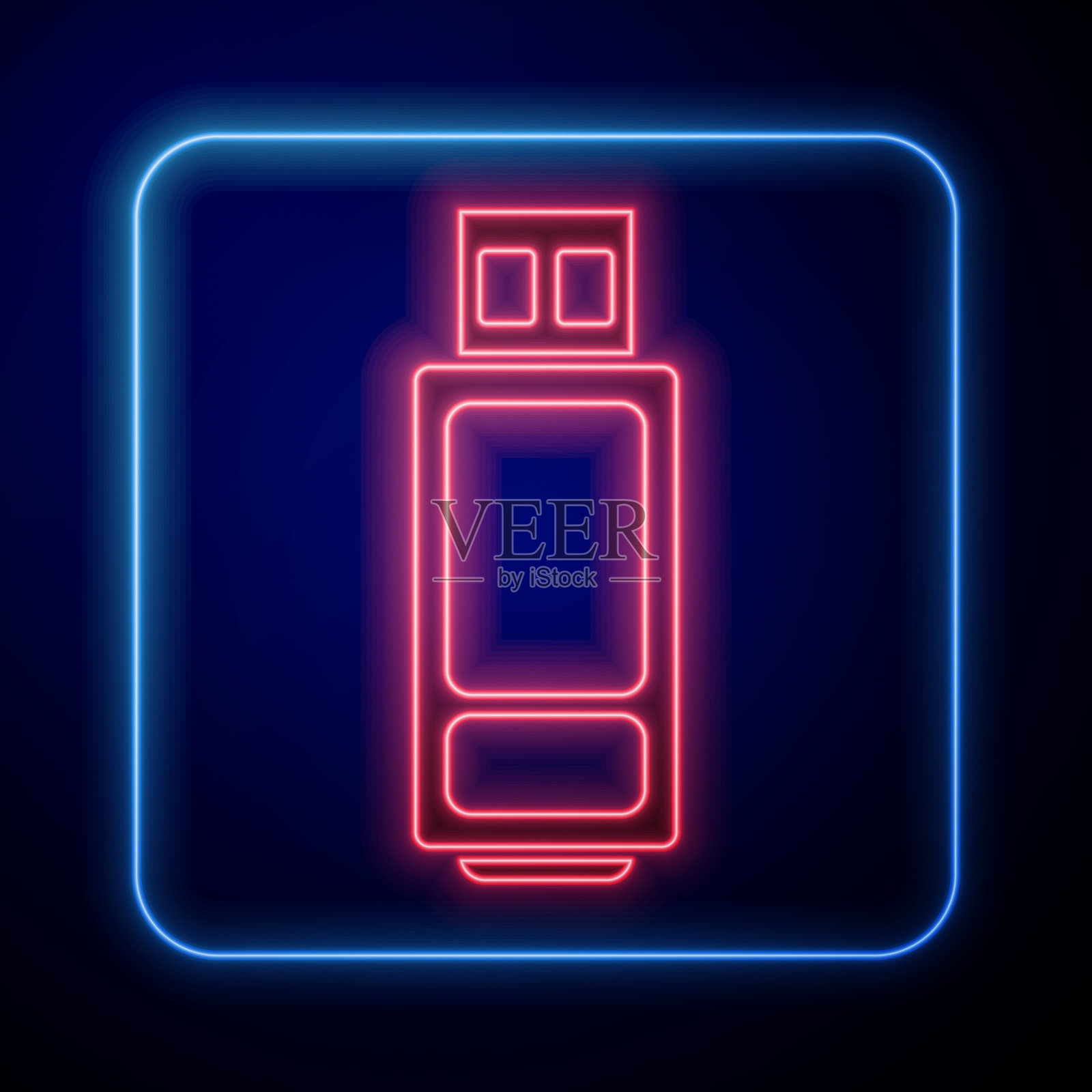 发光的霓虹灯usb闪存驱动器图标隔离在蓝色插画图片素材