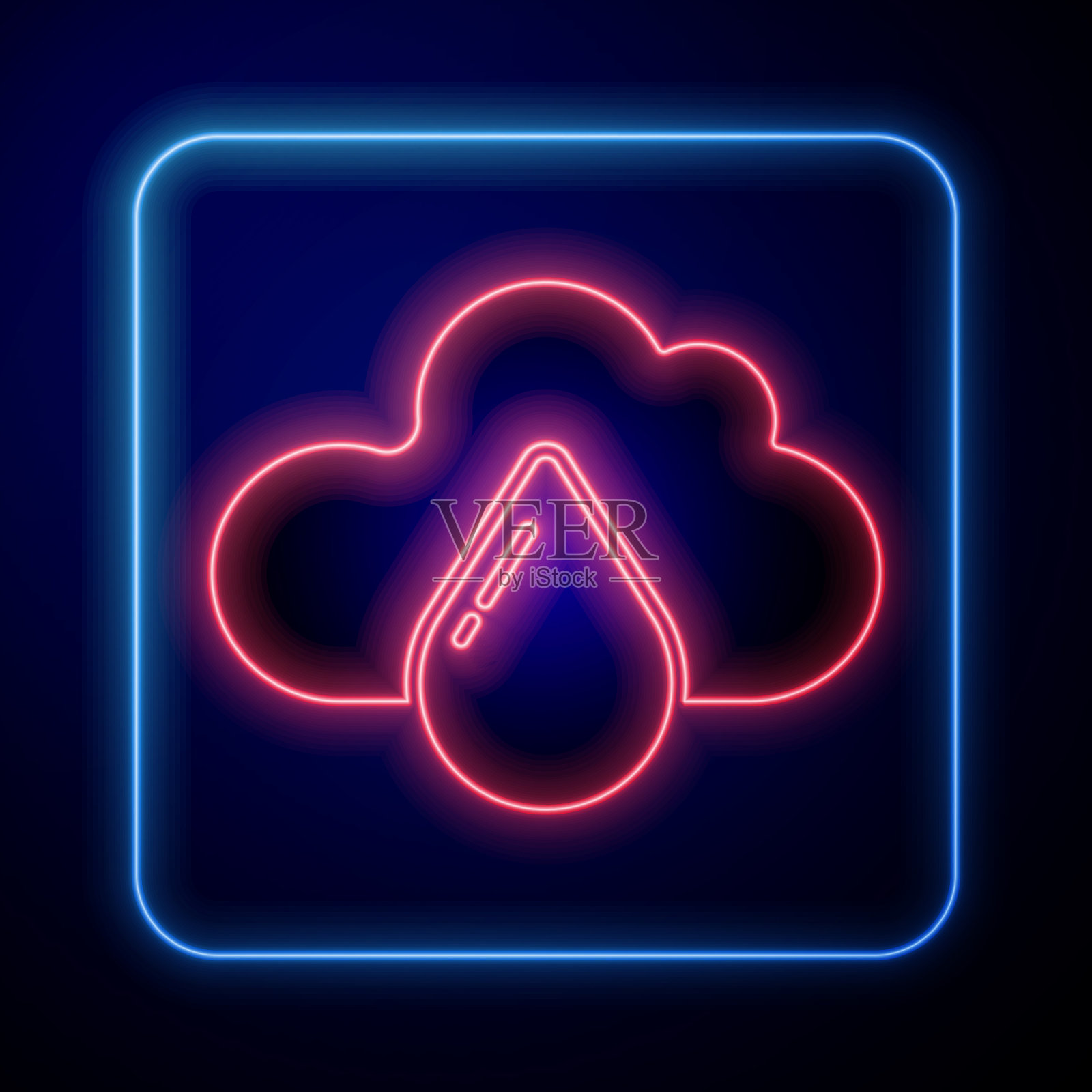 发光的霓虹云与雨的图标孤立在蓝色插画图片素材