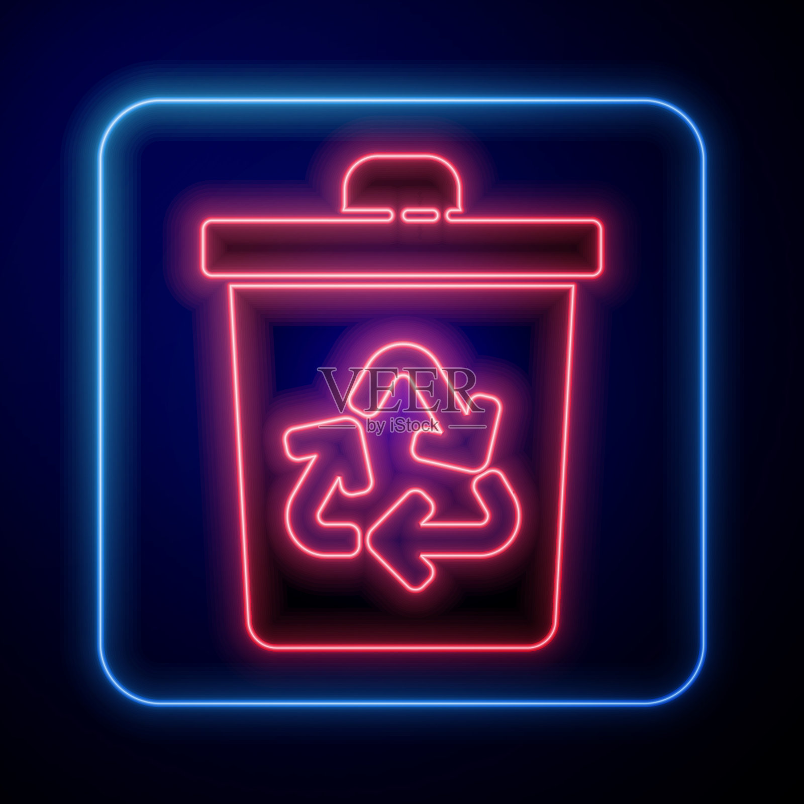 发光的霓虹灯回收站与回收符号图标插画图片素材