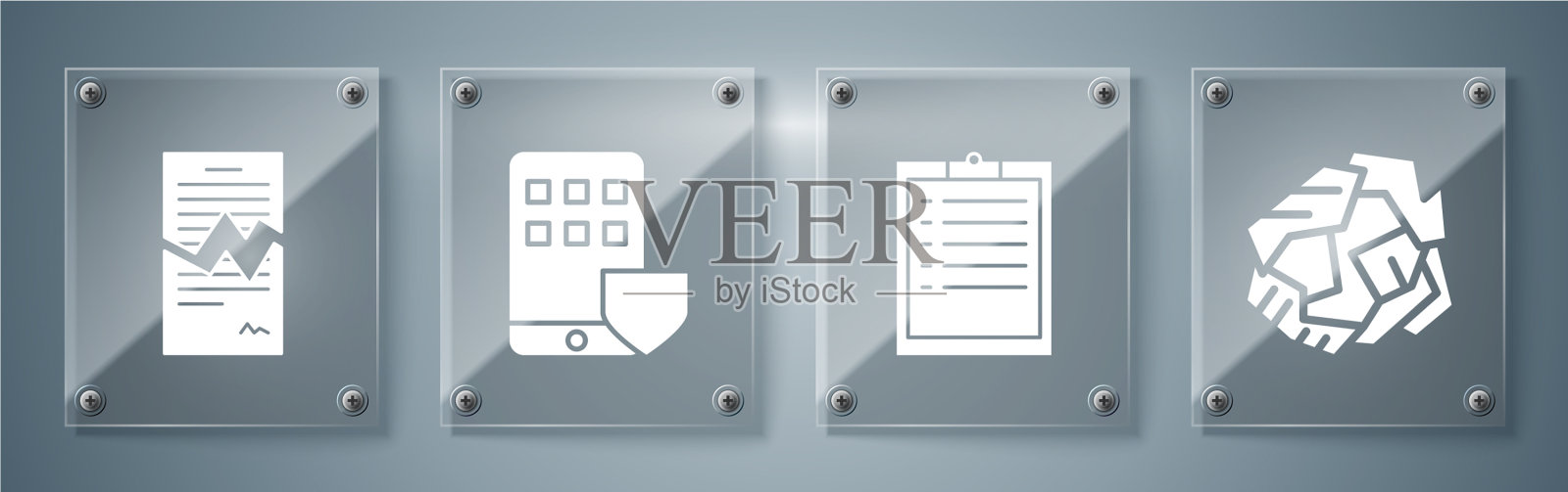 设置皱巴巴的纸球剪贴板和检查表图标素材