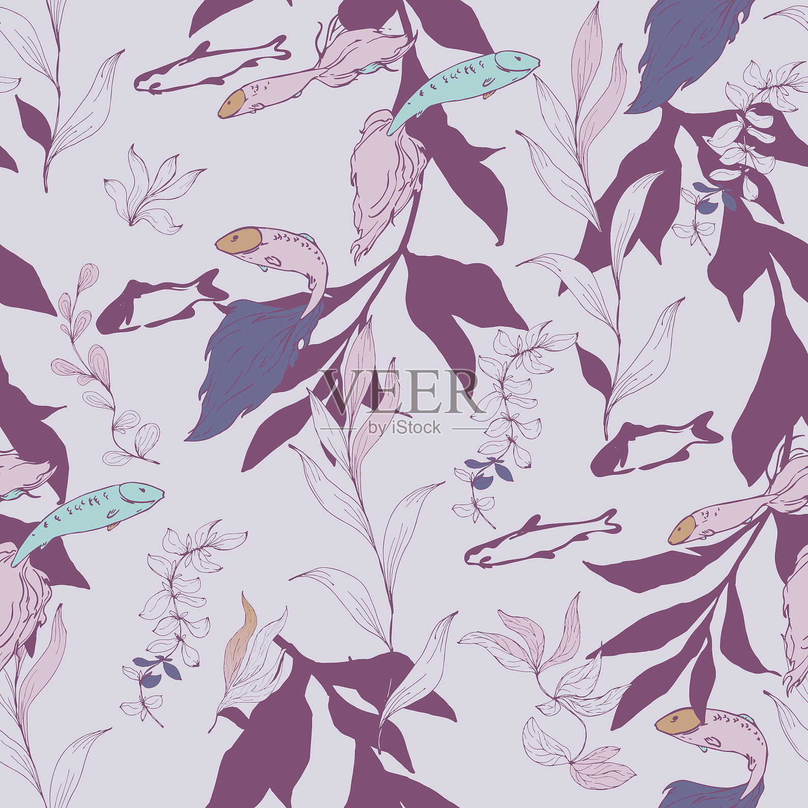 灌木丛中的鱼在浅蓝色的海藻上插画图片素材