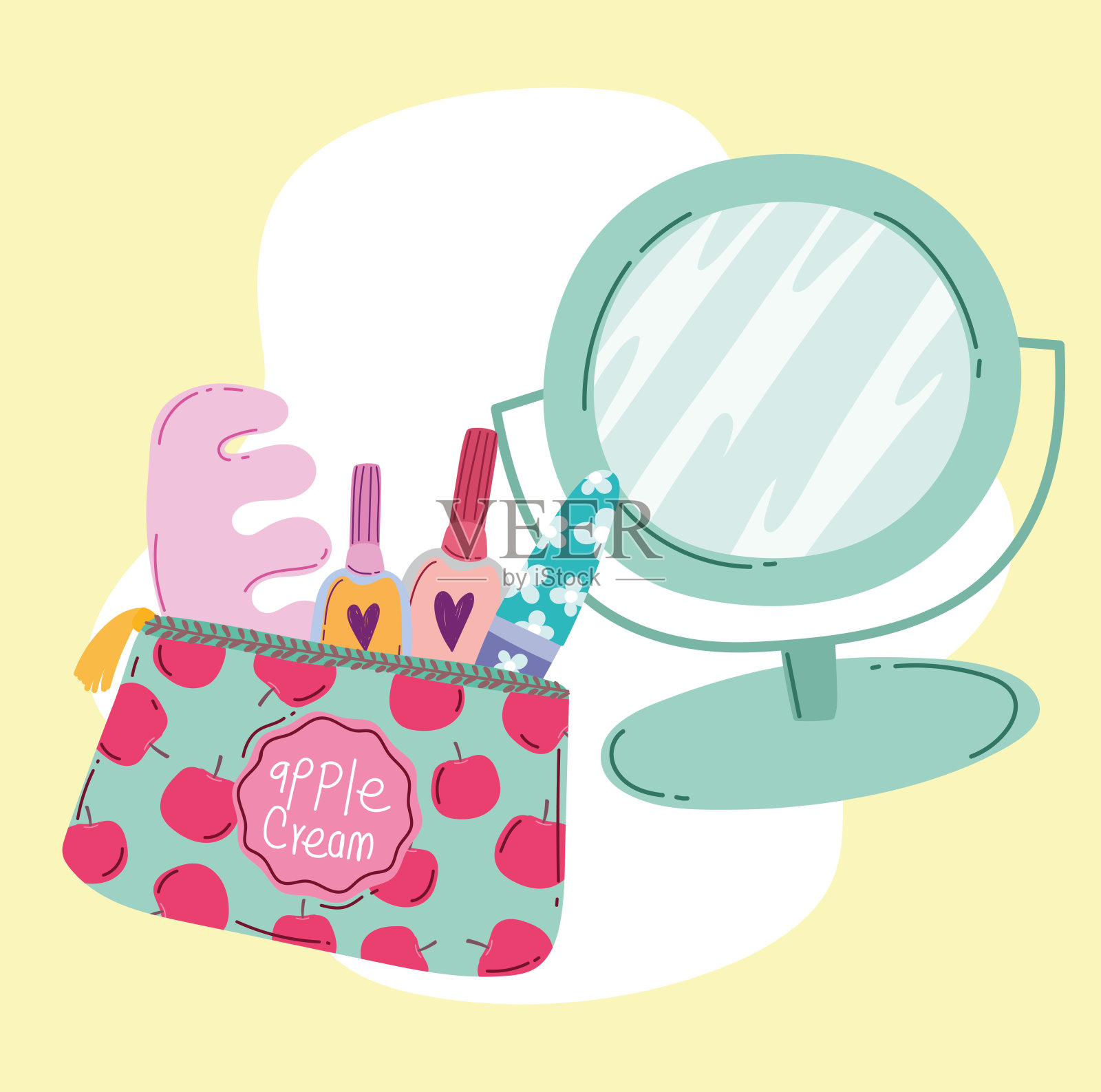 化妆化妆产品时尚美容化妆包和镜子修指甲修脚工具卡通插画图片素材