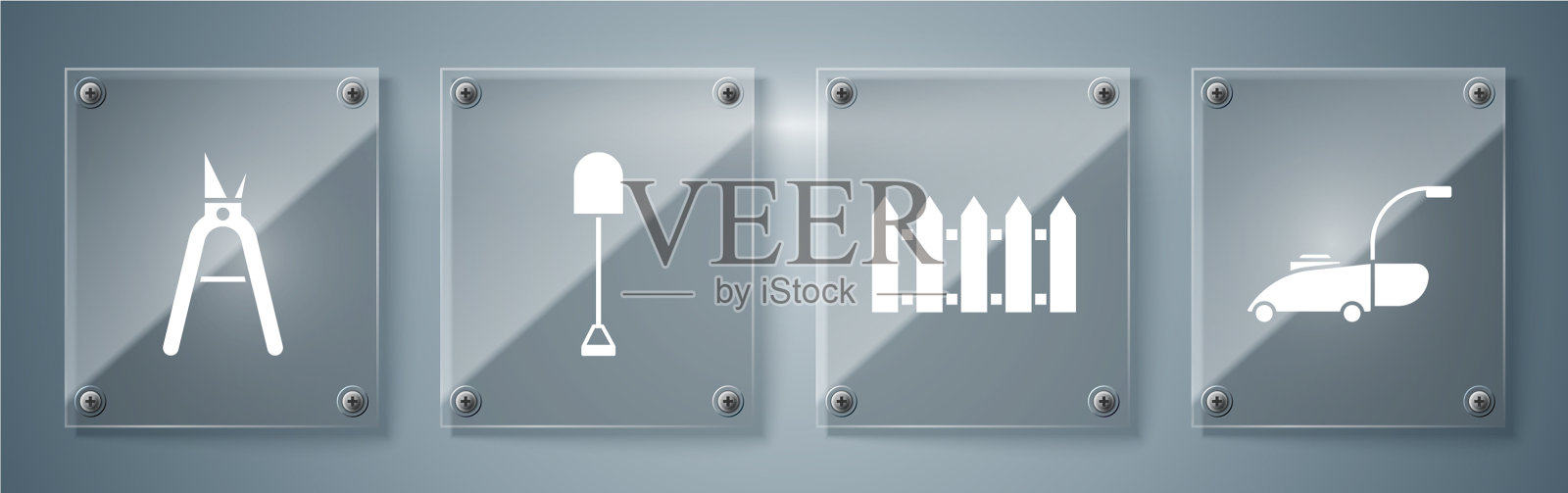 设置割草机、花园围栏、木铲和图标素材