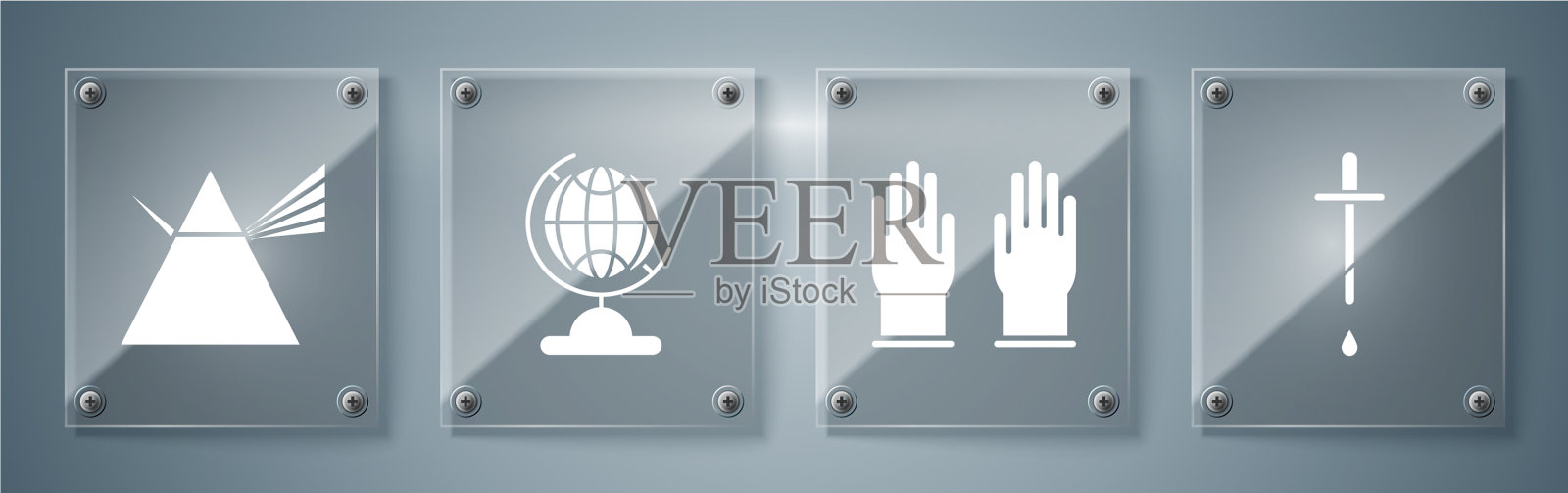 设置移液管橡胶手套、地球仪和灯图标素材