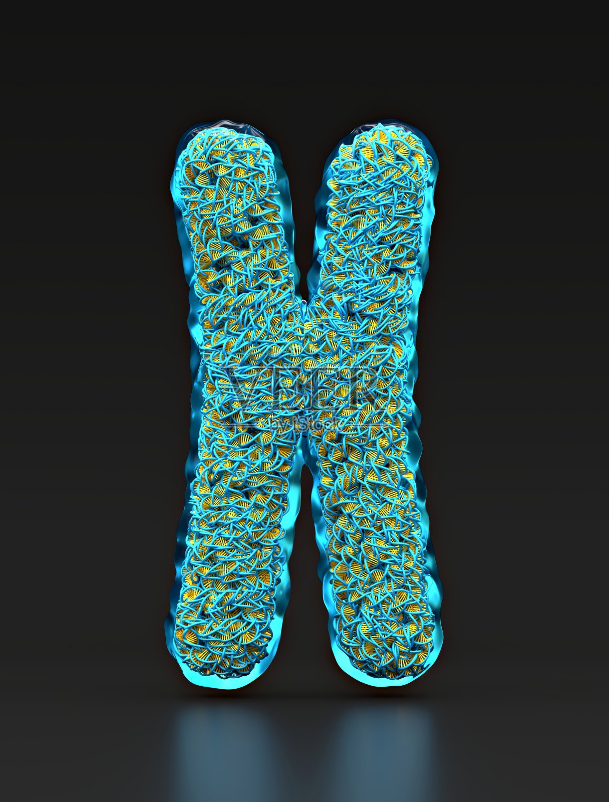 一个充满DNA的透明染色体的特写，在黑色光滑的背景上照片摄影图片