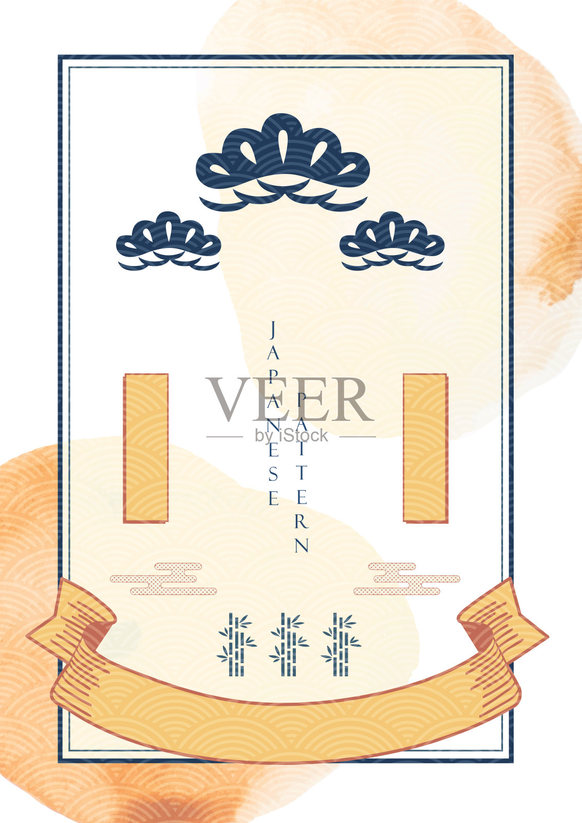 带有抽象艺术背景的日式模板。水彩纹理向量与波浪模式插图在亚洲风格。画笔描边元素。插画图片素材