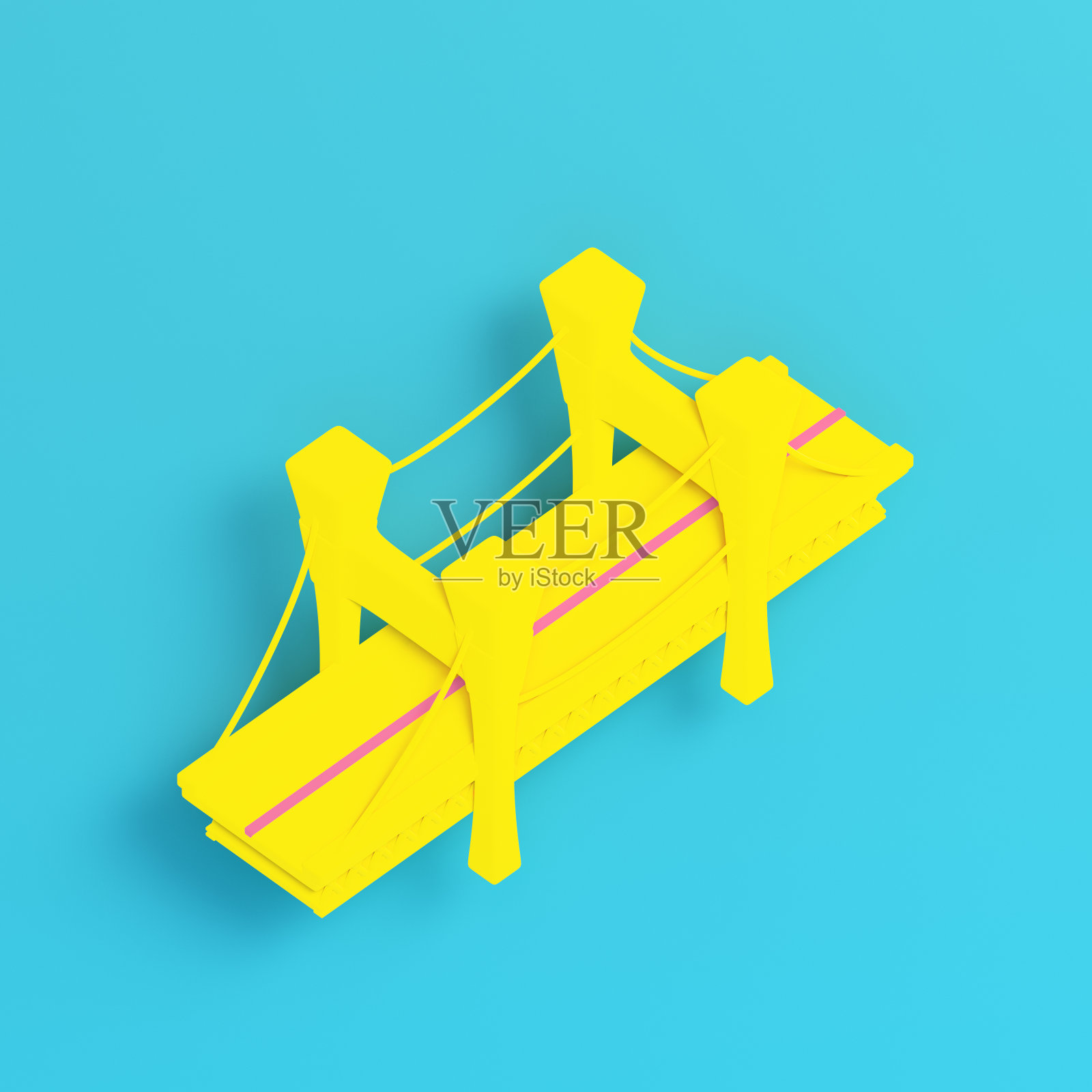 淡蓝色背景上的黄色桥，色彩柔和。极简主义的概念照片摄影图片