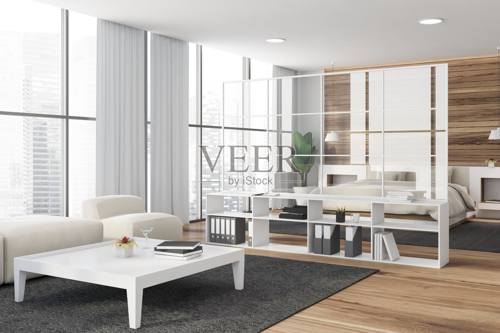 白色木制客厅和卧室照片摄影图片