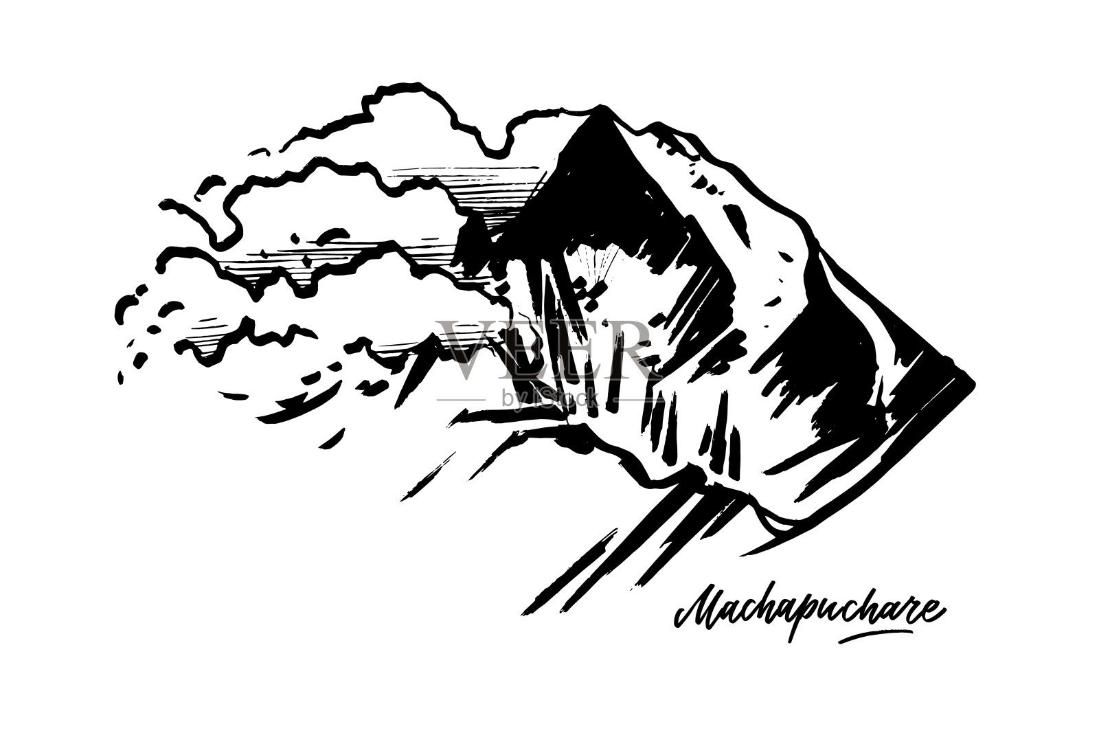 马查普查尔鱼的故事峰在喜马拉雅山，尼泊尔。矢量插图上的白色背景。插画图片素材