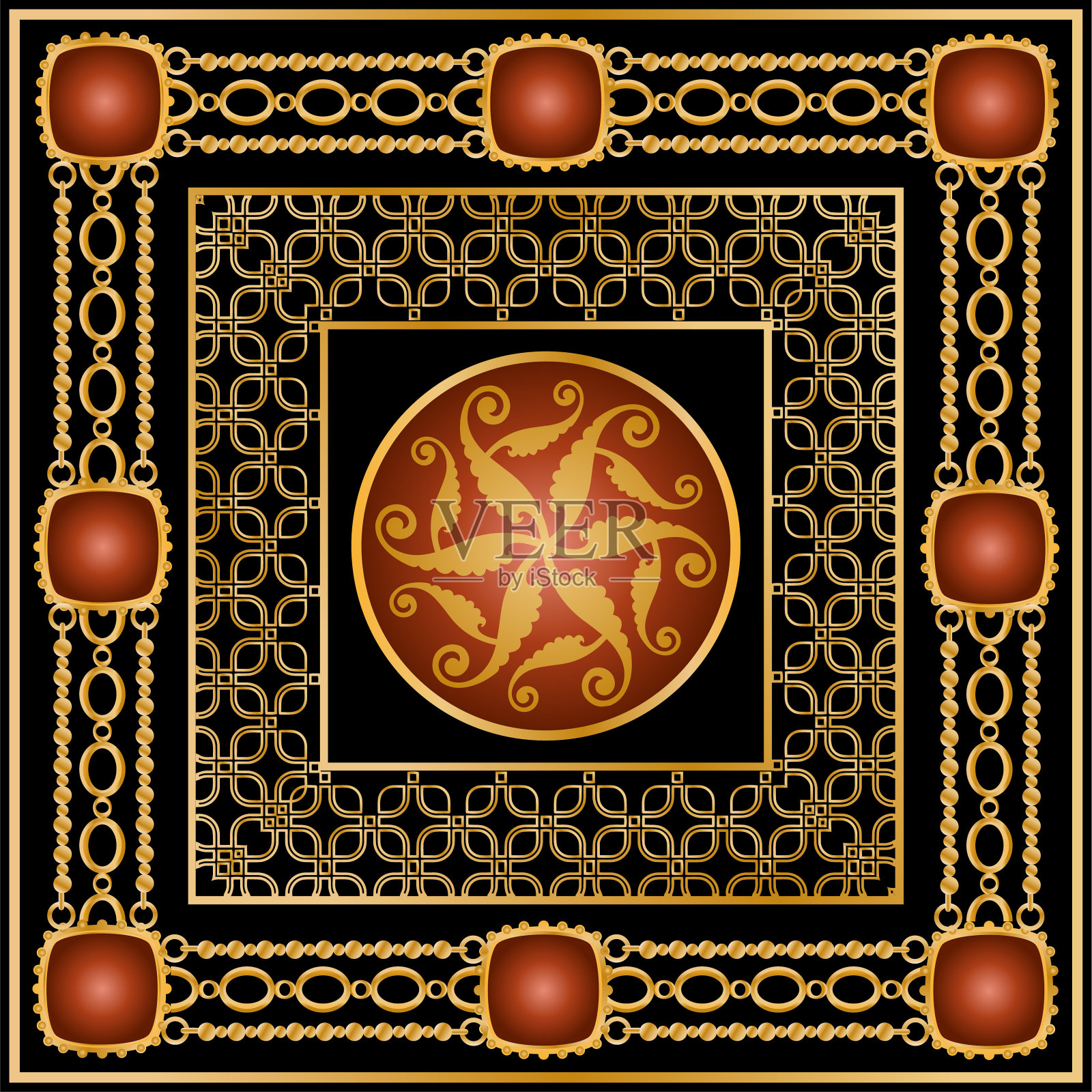 以宝石、金链、珍珠等无缝图案装饰。插画图片素材