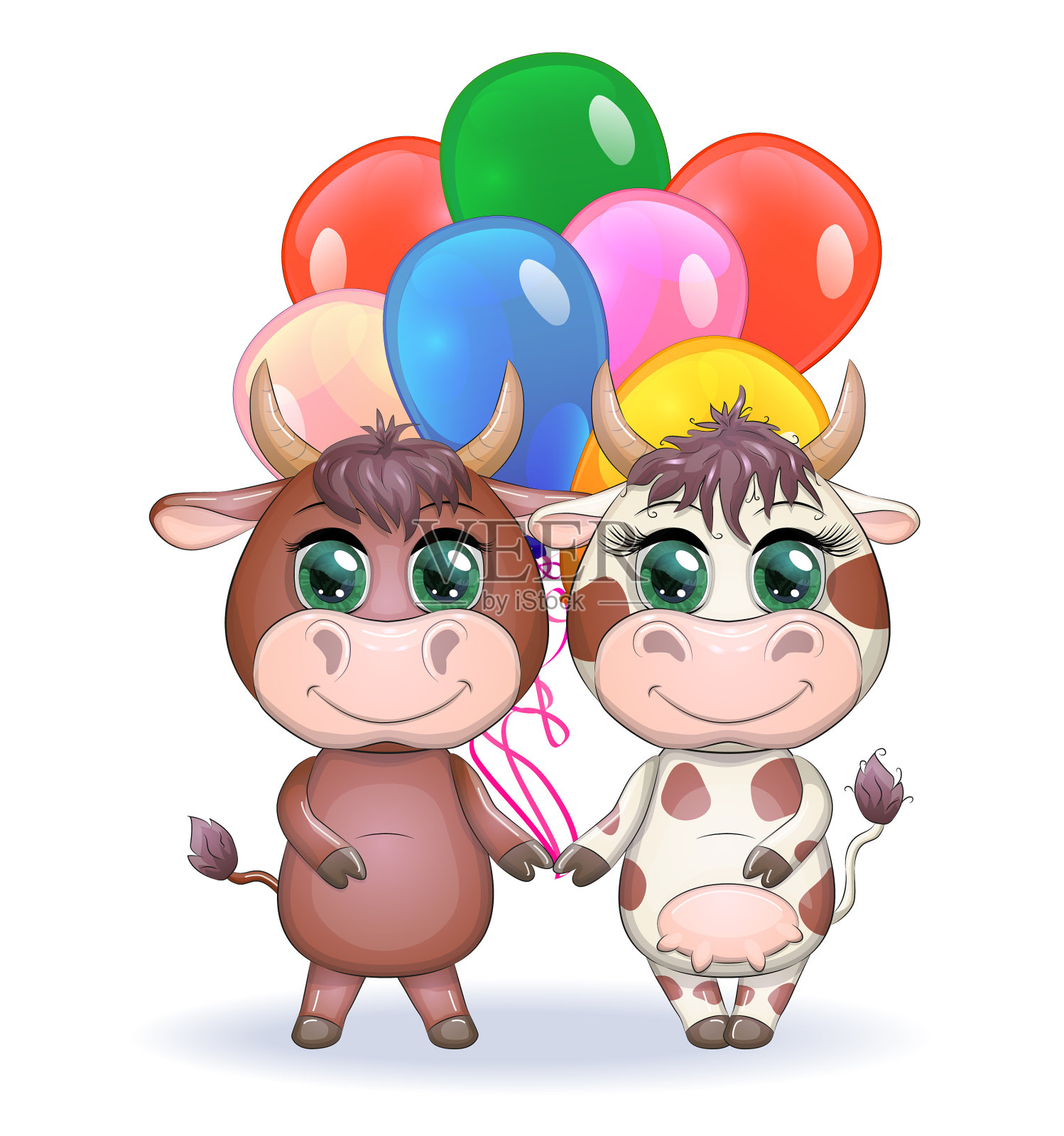 可爱的卡通夫妇母牛和气球公牛设计元素图片