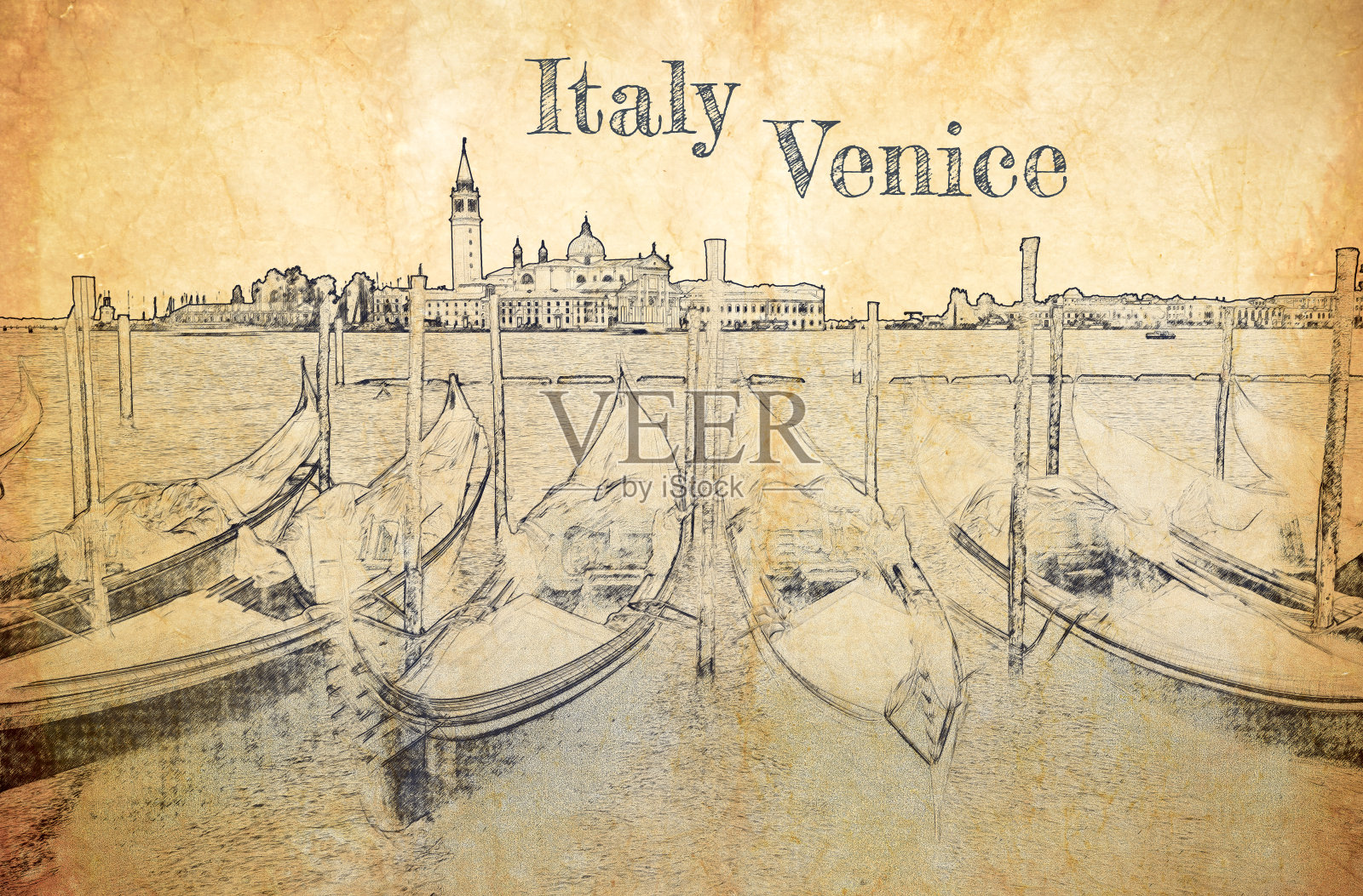 威尼斯大运河上的贡多拉，草图在纸上照片摄影图片