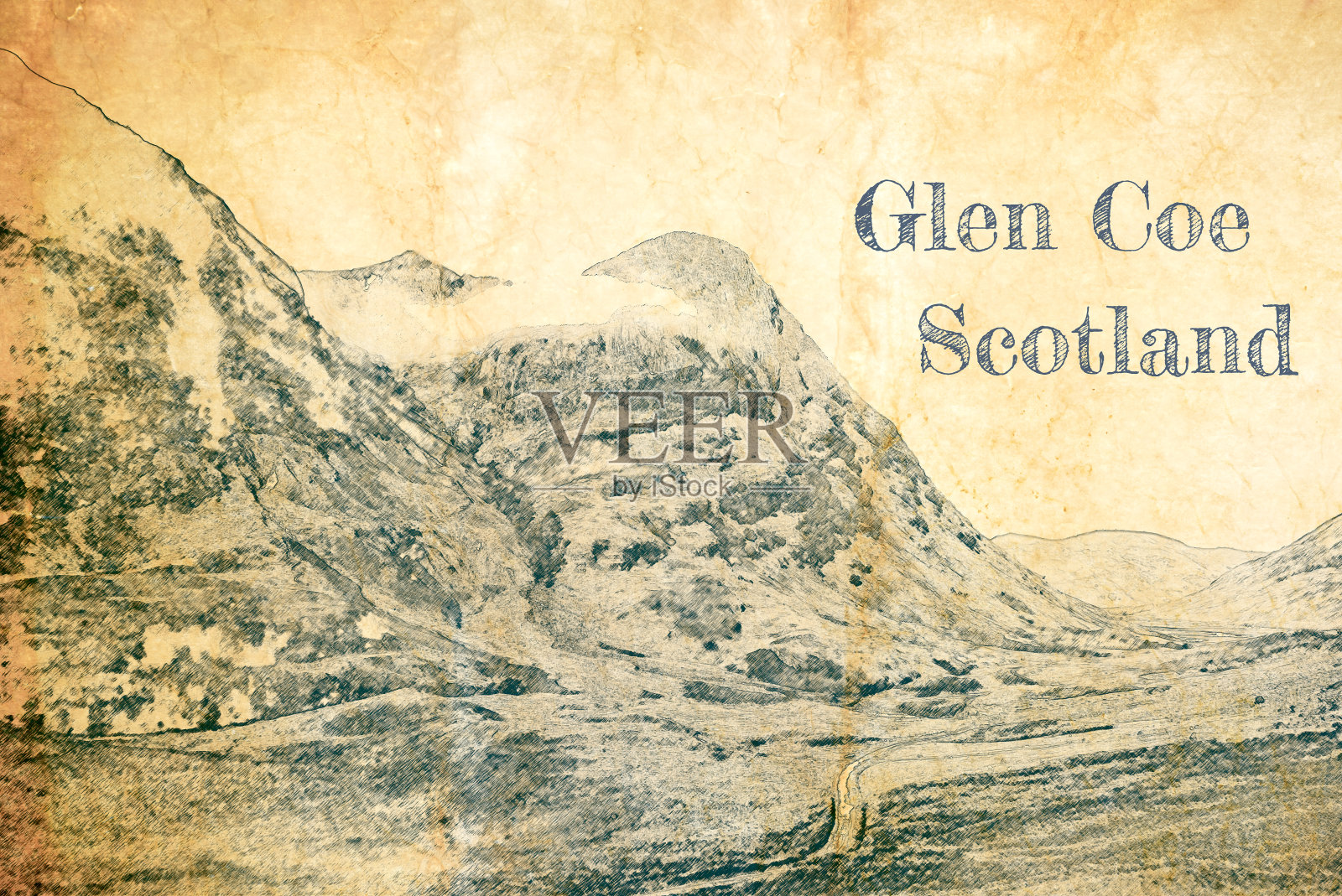 格兰科山脉，苏格兰高地，在旧纸上的素描照片摄影图片