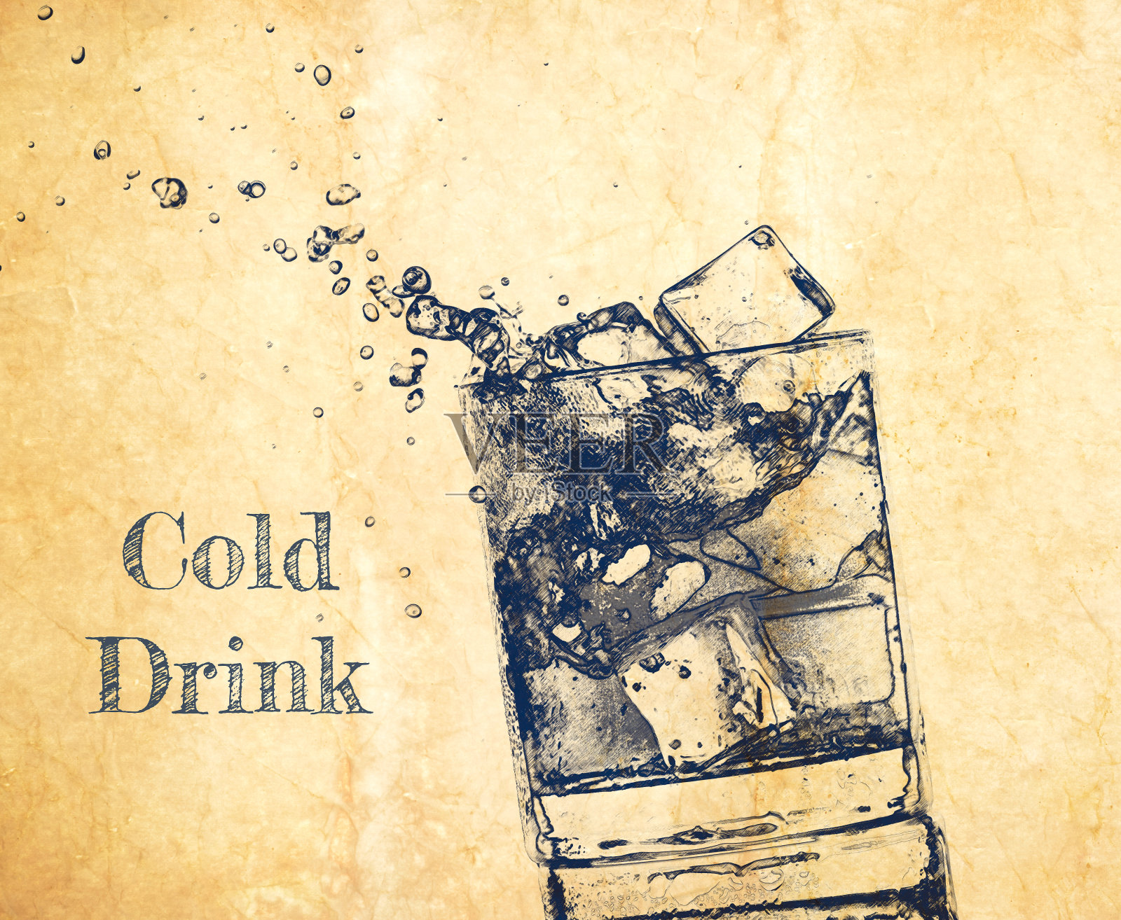 在旧纸上画有冰块的威士忌玻璃杯素描照片摄影图片