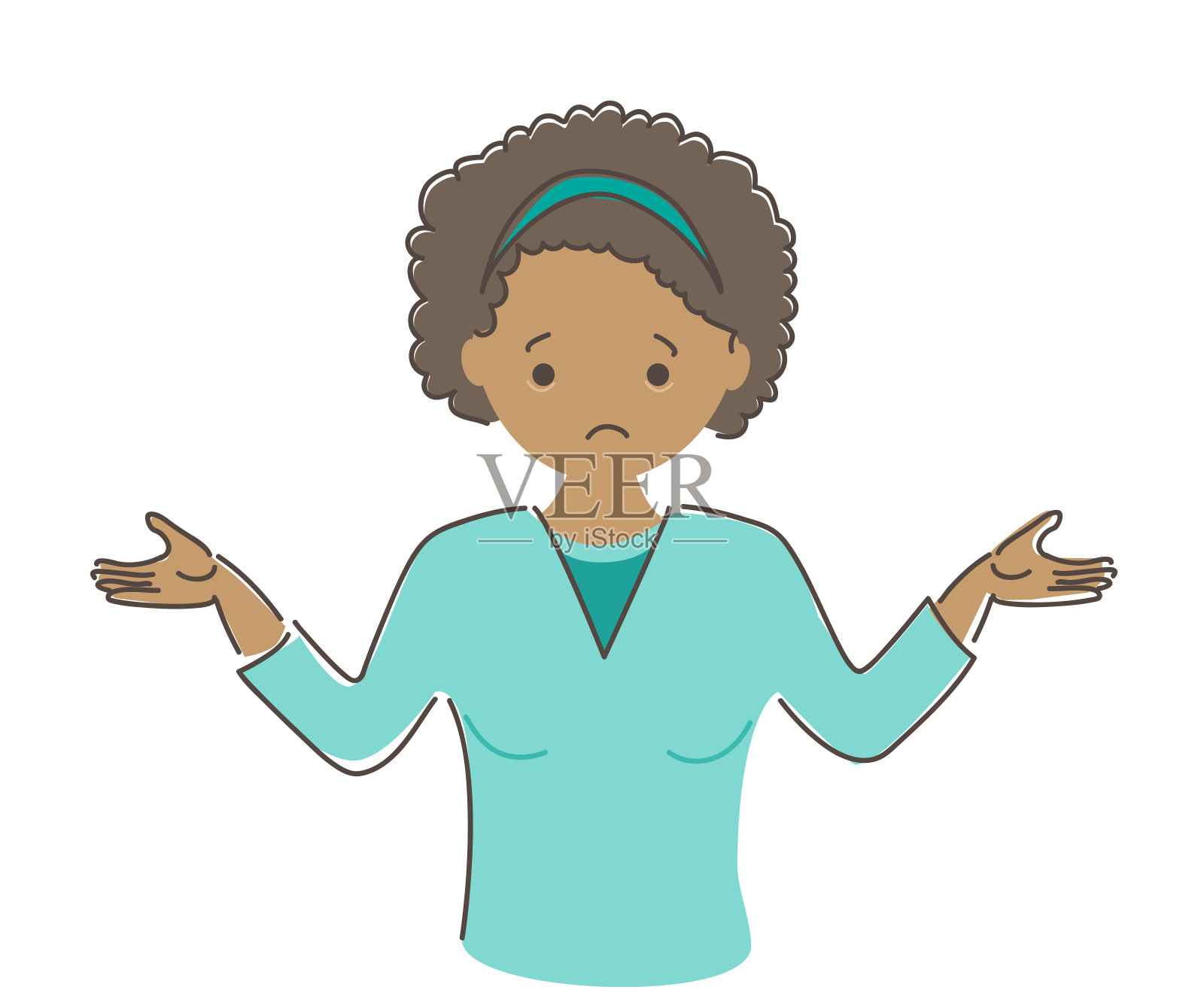 黑人妇女在怀疑向量插图。可爱的迷惘非洲女士手绘风格。插画图片素材