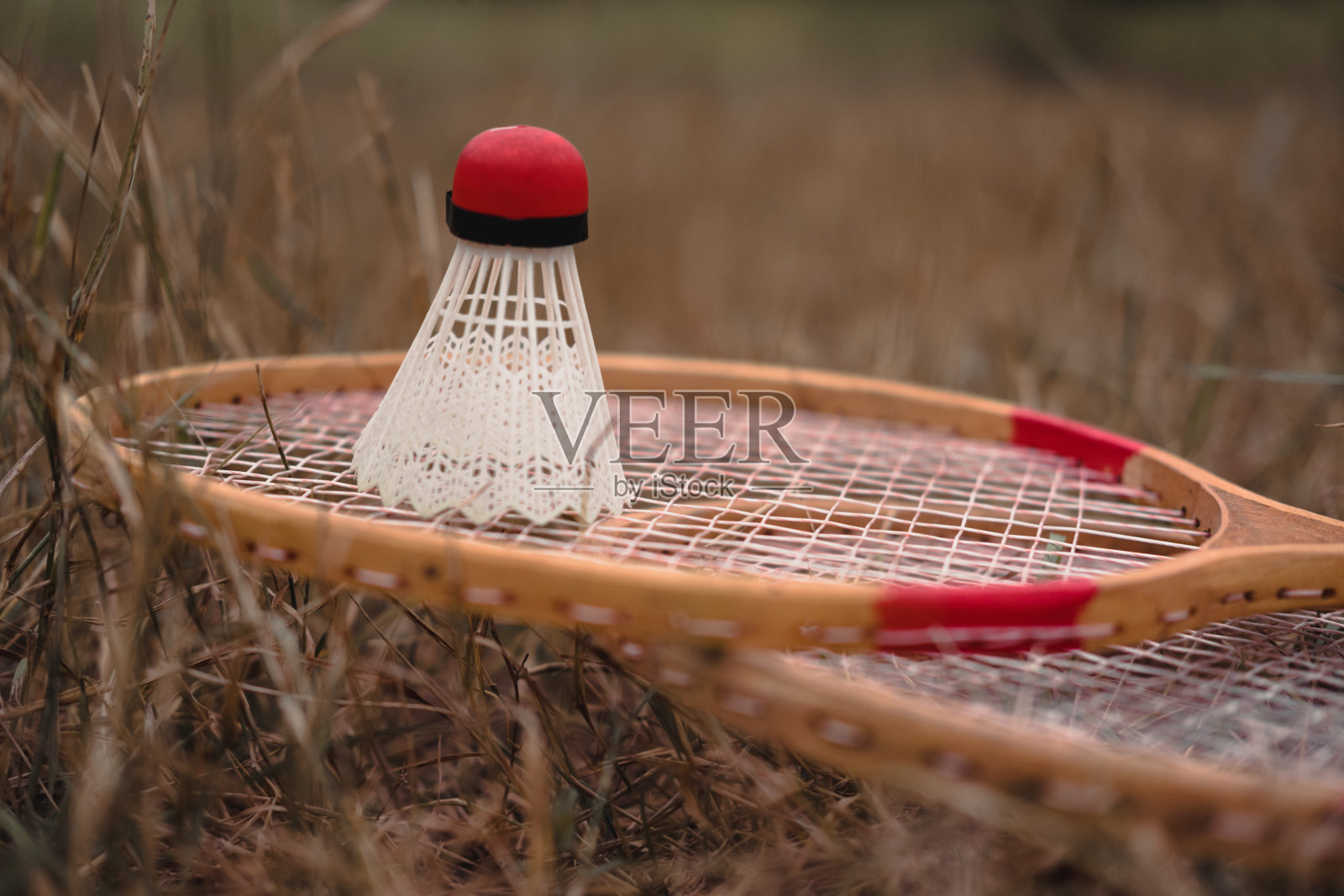 木制的羽毛球拍和一个红色头的白色塑料羽毛球。羽毛球比赛。爱好和户外娱乐活动。照片摄影图片