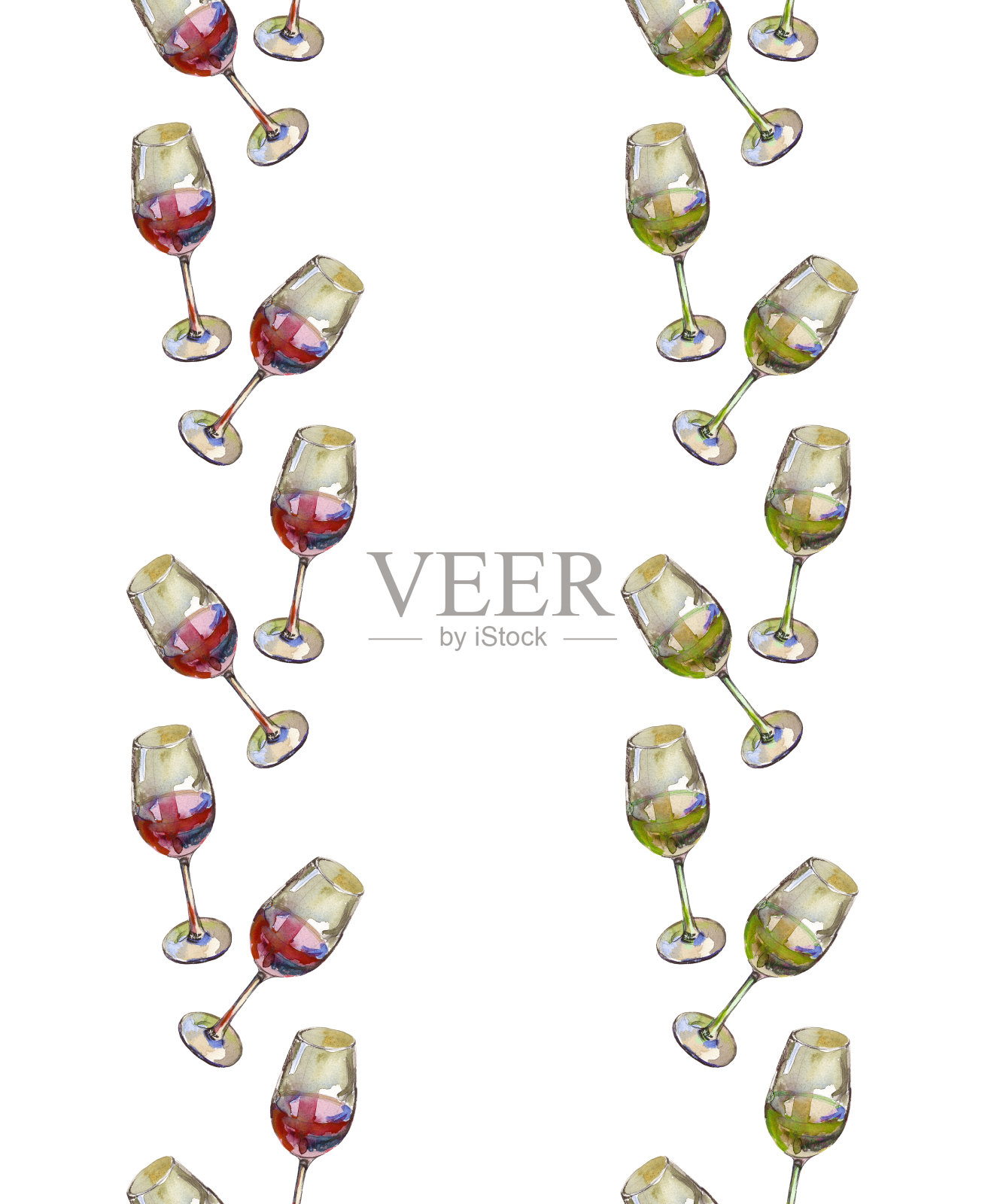 两个垂直的无缝边界葡萄酒杯与红和白葡萄酒，孤立的白色。水彩画插图。设计元素图片