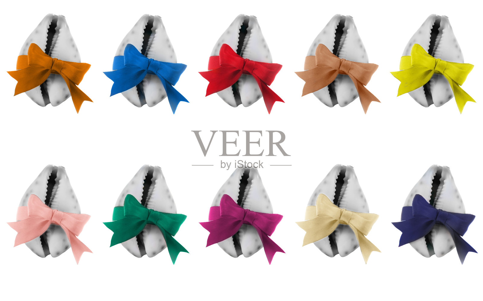 创意收集的贝壳与时尚的彩色蝴蝶结在白色的背景。今年流行的调色板概念照片摄影图片