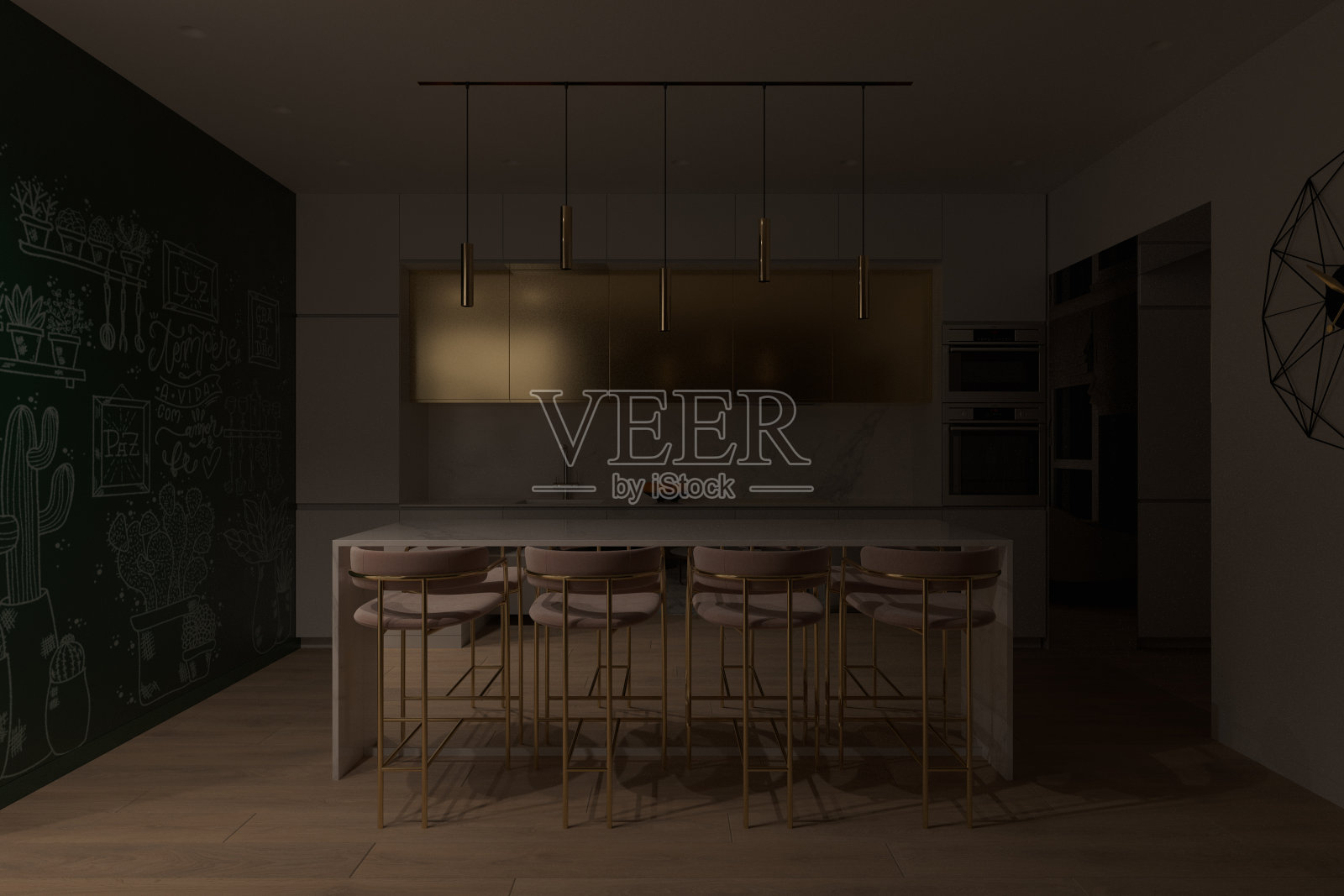 3D渲染厨房室内设计与烹饪岛和夜间照明。厨房设计理念2020照片摄影图片