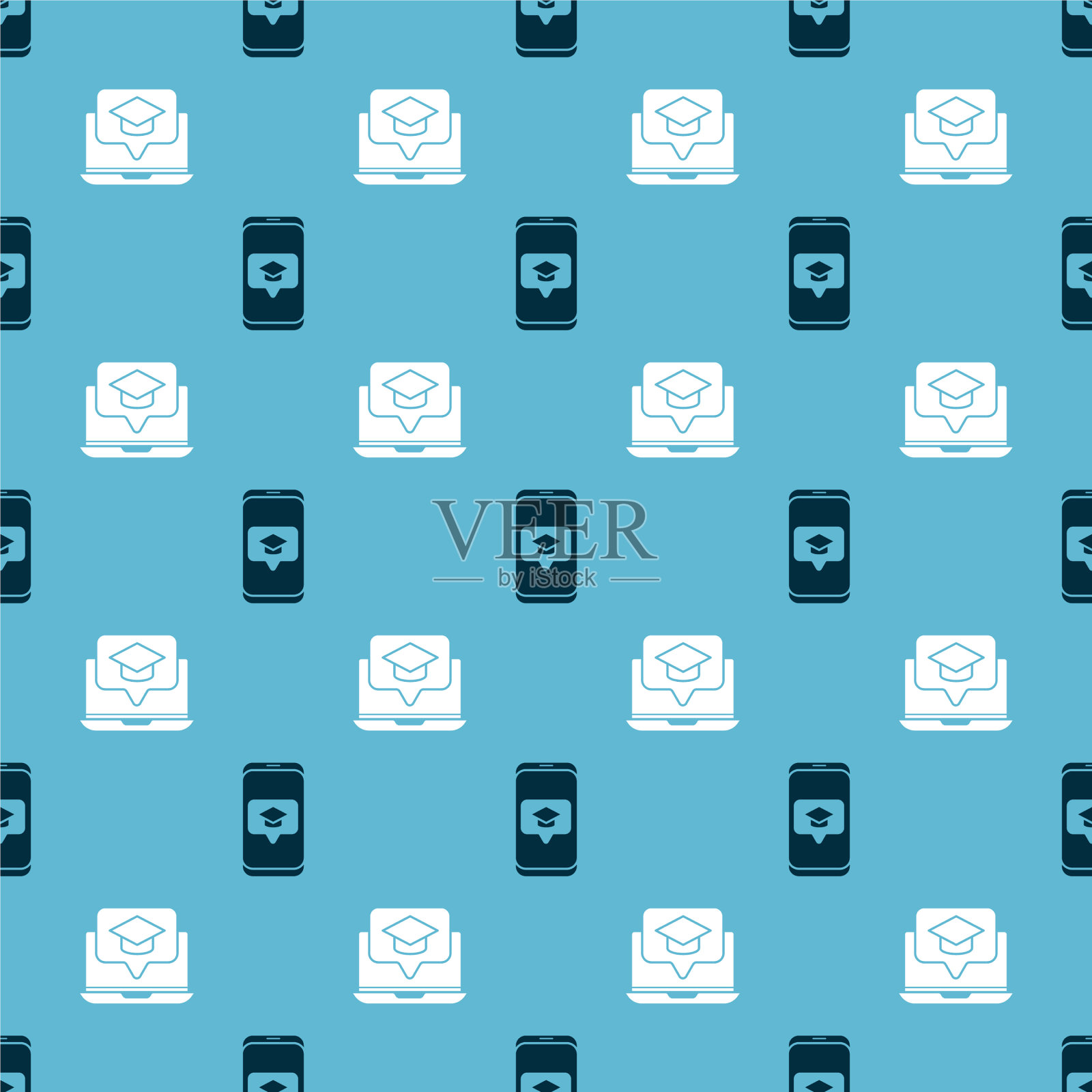 在屏幕智能手机和设置毕业帽图标素材