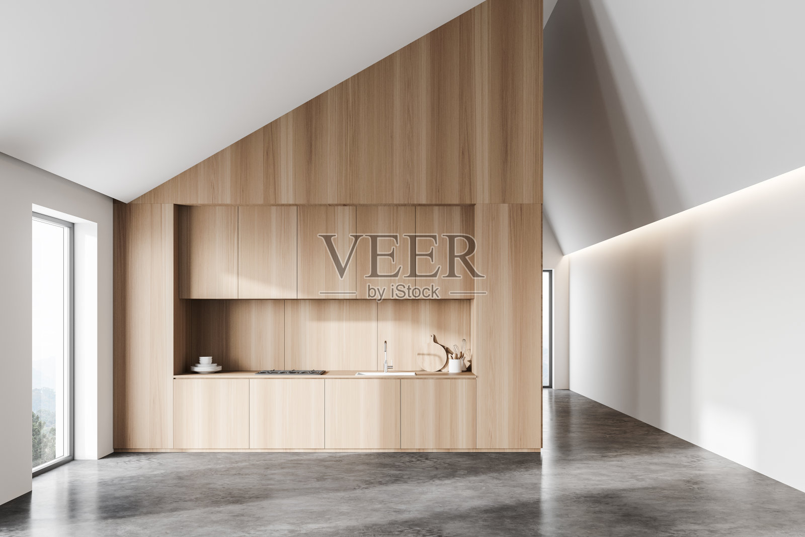 白色和木制阁楼厨房与柜台照片摄影图片