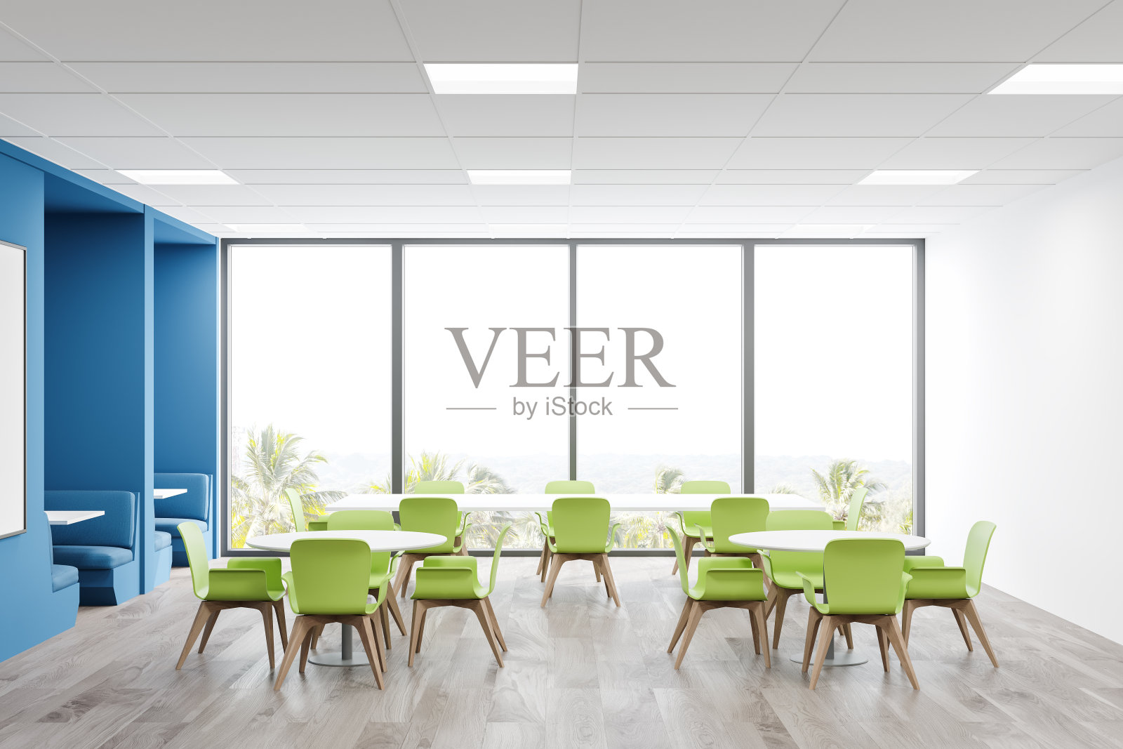 明亮的白色和蓝色的咖啡室内照片摄影图片