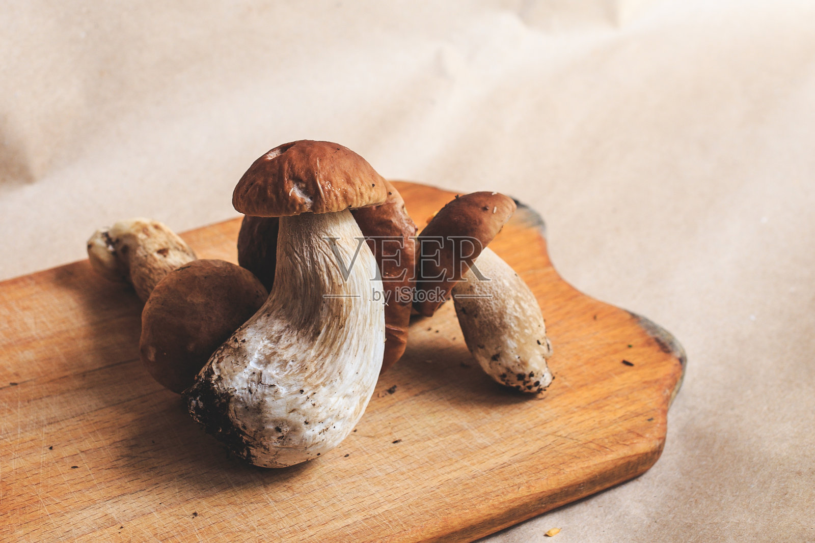 切菜板上的蘑菇牛肝菌。牛肝菌edulis在牛皮纸背景，近距离照片摄影图片