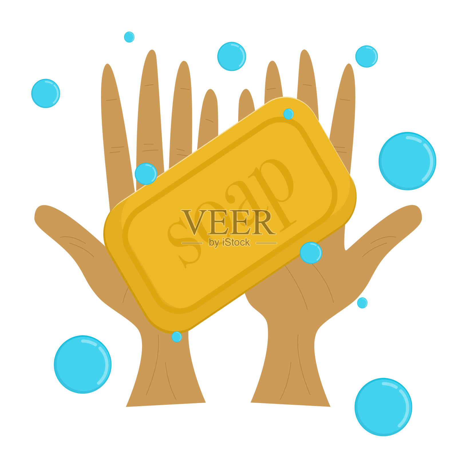 手与肥皂和泡沫孤立在白色背景。可用于演示清洁和贴纸。平面插画风格。大流行期间的个人卫生和手卫生。插画图片素材