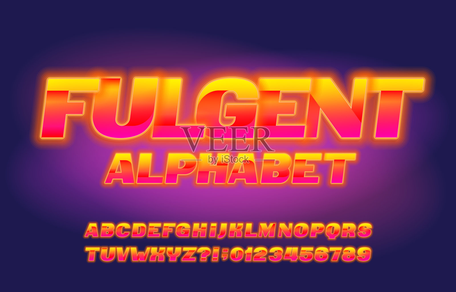 光辉的字母表。发光的字母、数字和符号。插画图片素材