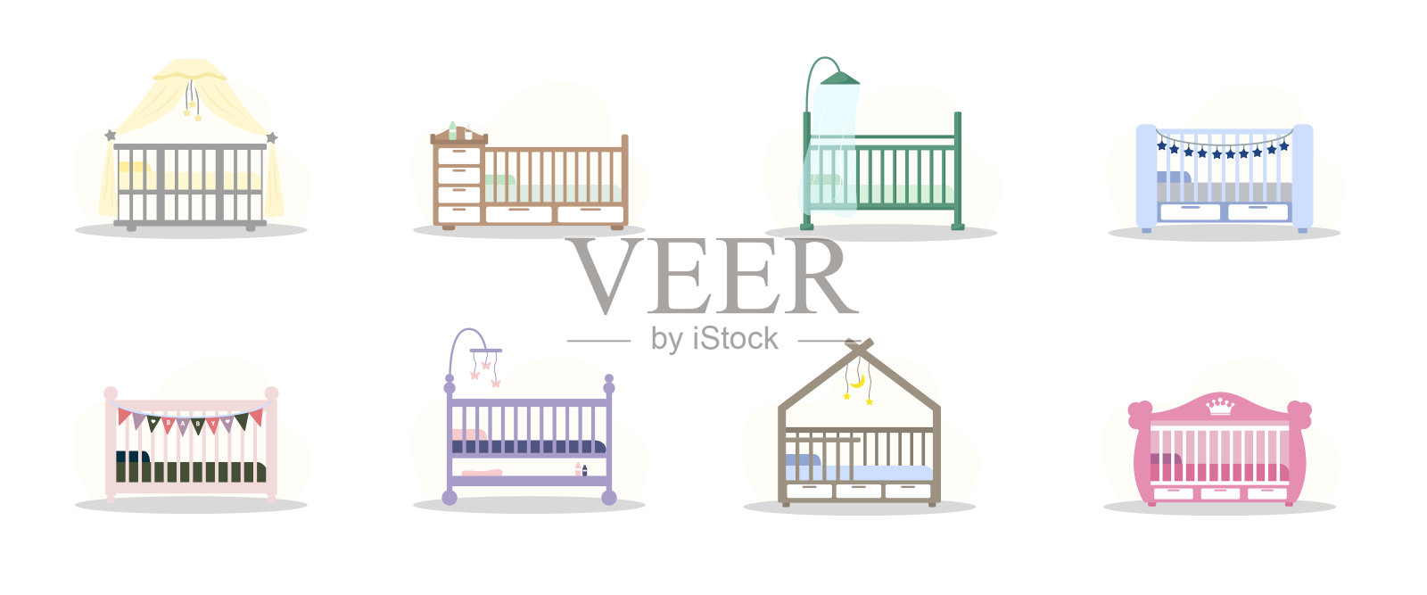 一组婴儿床图标。婴儿物品图标集合的简单元素。ui, ux，应用程序，软件和信息图表的创意摇篮。平面风格的矢量插图。插画图片素材