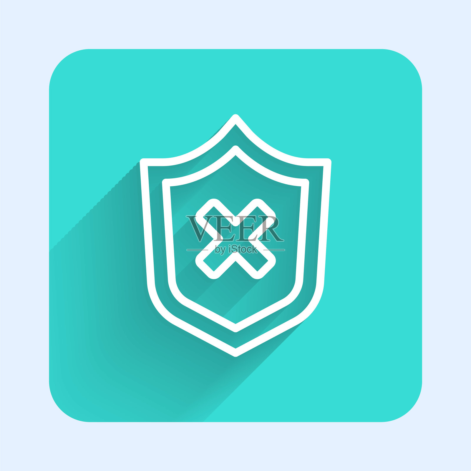 白线盾牌与十字标记图标隔离与长阴影。盾牌和拒绝。拒绝通知。绿色方形按钮。向量图标素材