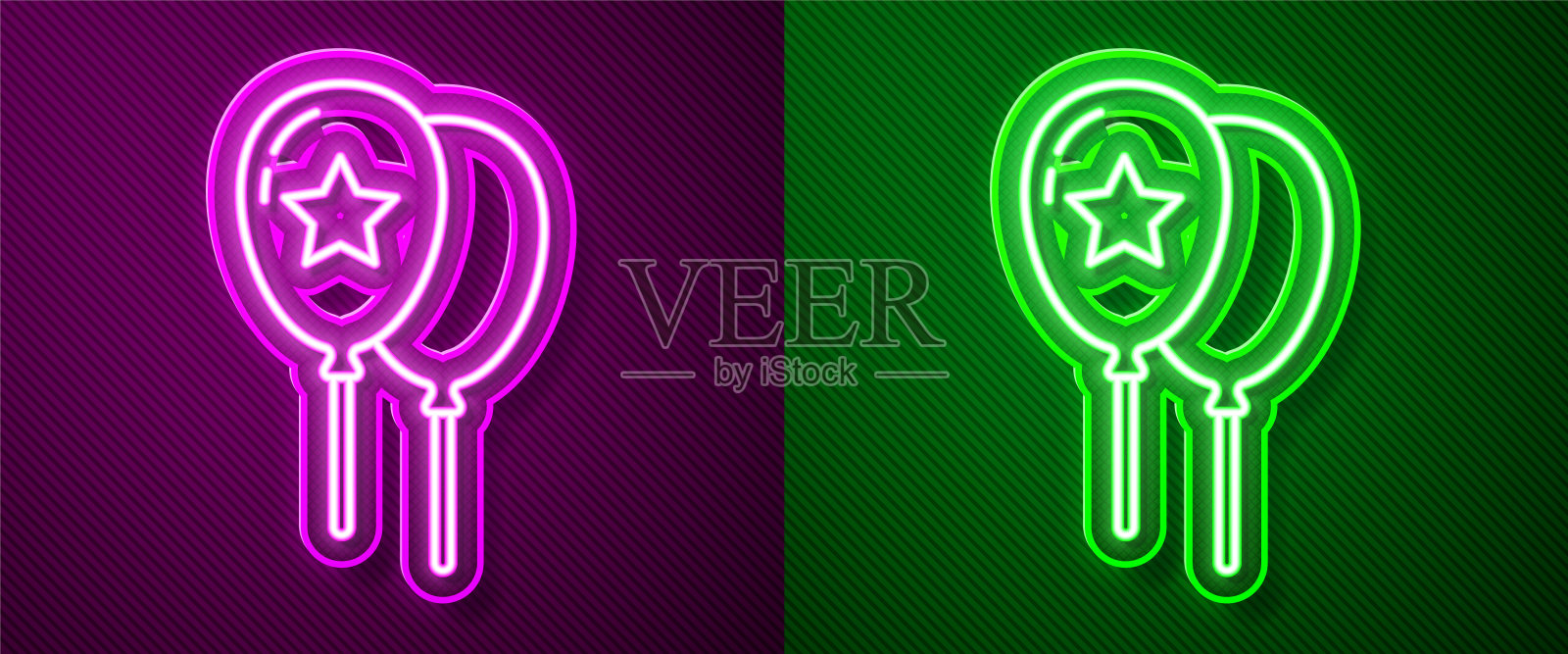 发光的霓虹线气球与丝带图标孤立在紫色和绿色的背景。复活节快乐。向量插画图片素材