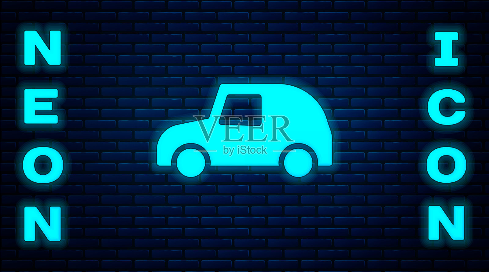 发光的霓虹灯玩具车图标孤立在砖墙背景。向量插画图片素材