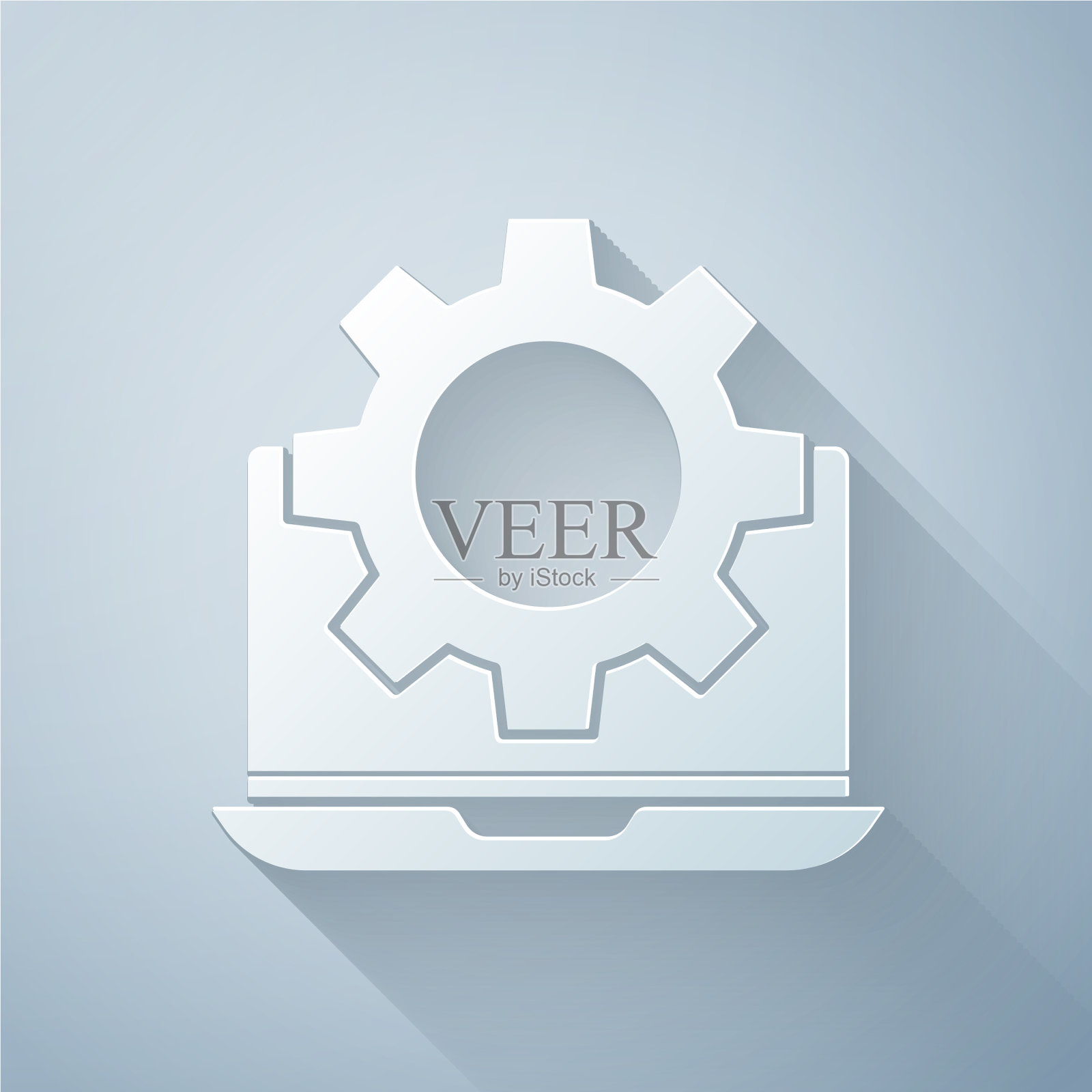 剪纸笔记本电脑和齿轮图标孤立在灰色图标素材