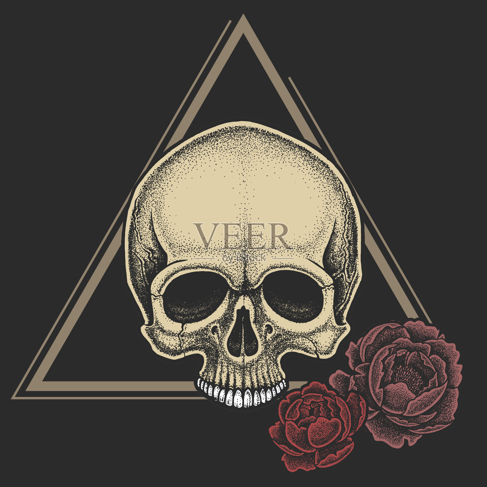 与几何元素和牡丹Dotwork风格的头骨。插画图片素材