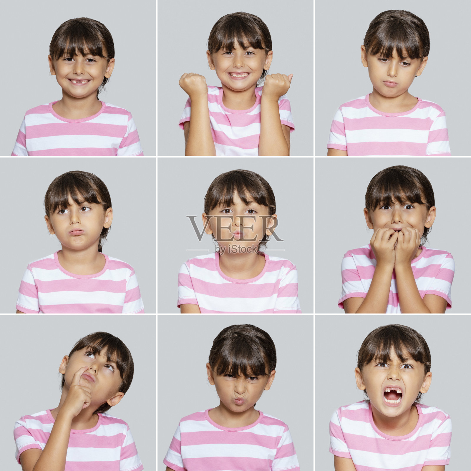 可爱的小女孩做不同的面部表情，工作室拍摄照片摄影图片