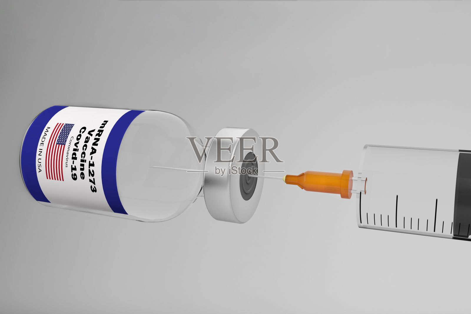使用注射器和装有美国疫苗mRNA-1273的容器瓶的3D插图，用于治疗2019 COVID-19冠状病毒病。照片摄影图片