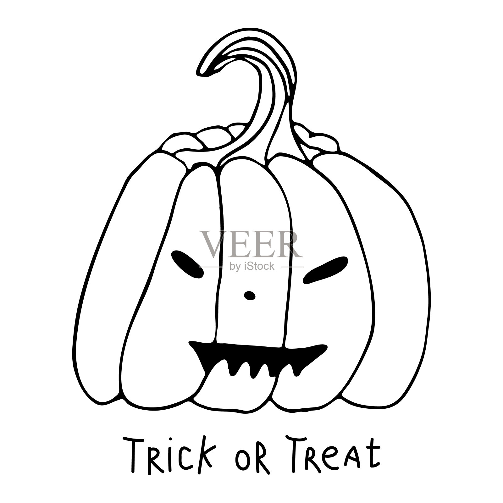 杰克灯矢量插图卡片设计和秋天装饰。万圣节卡片与黑色轮廓南瓜孤立在白色的背景。有趣的涂鸦。不给糖就捣蛋。插画图片素材
