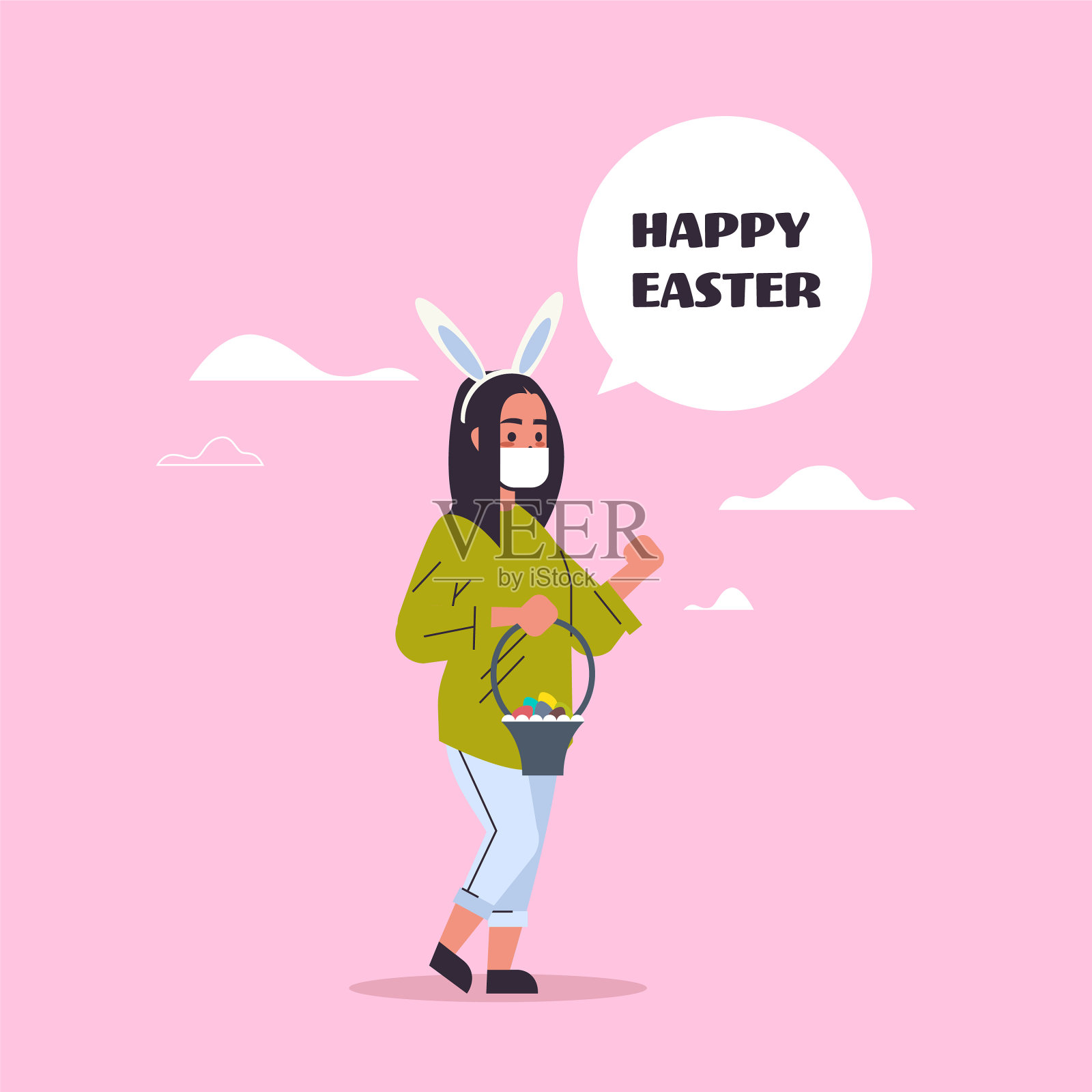 女人戴兔耳朵和面膜来预防插画图片素材