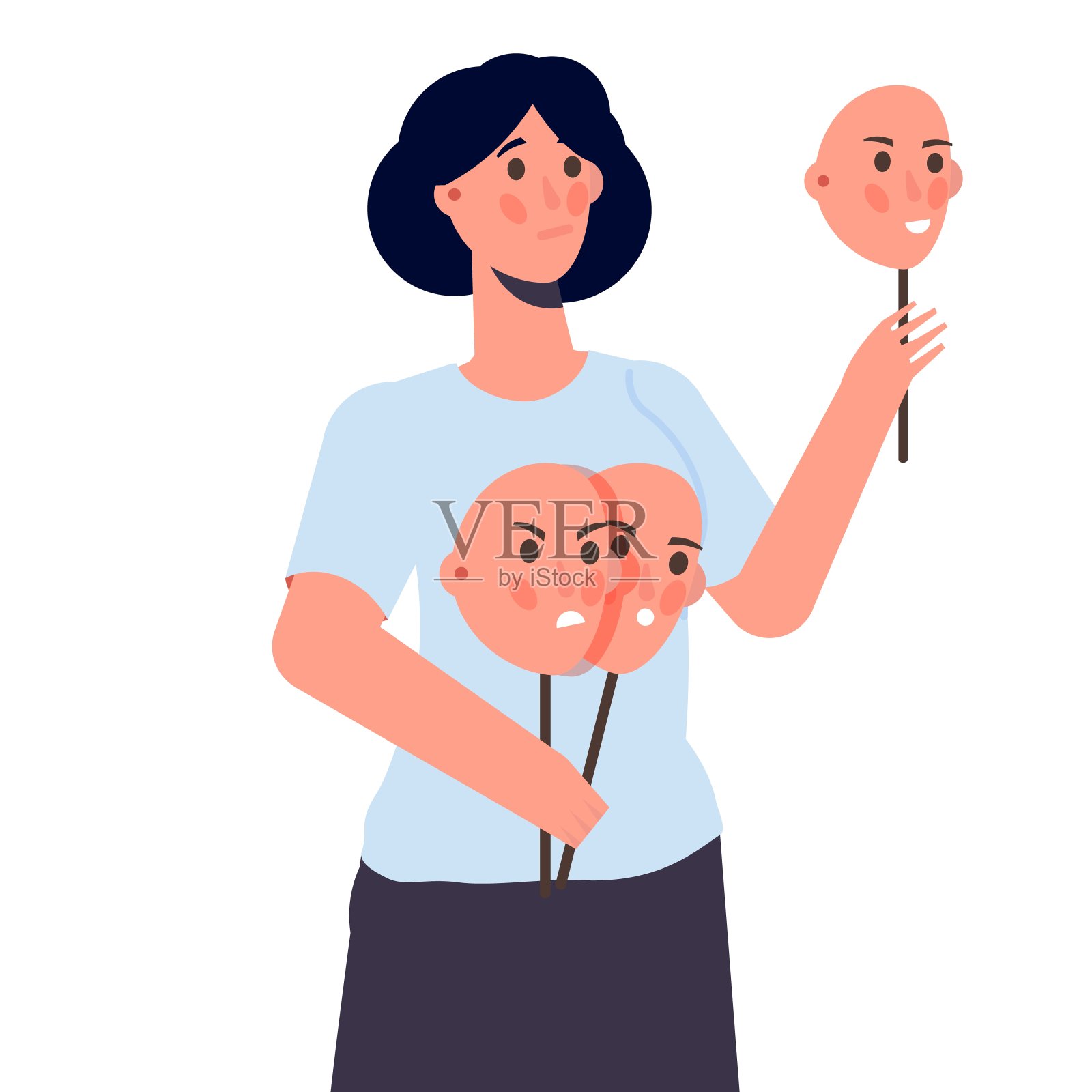 虚假情感，扮演角色概念。人物持有不同情绪的面具。矢量插图，平面风格插画图片素材