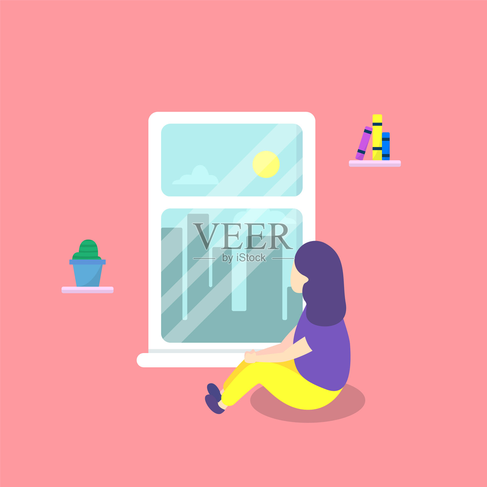 与女孩自我隔离插画图片素材