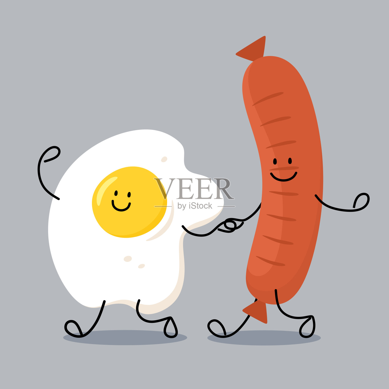 卡通鸡蛋和香肠手牵手奔跑。早餐。矢量插图在卡通平面风格。插画图片素材