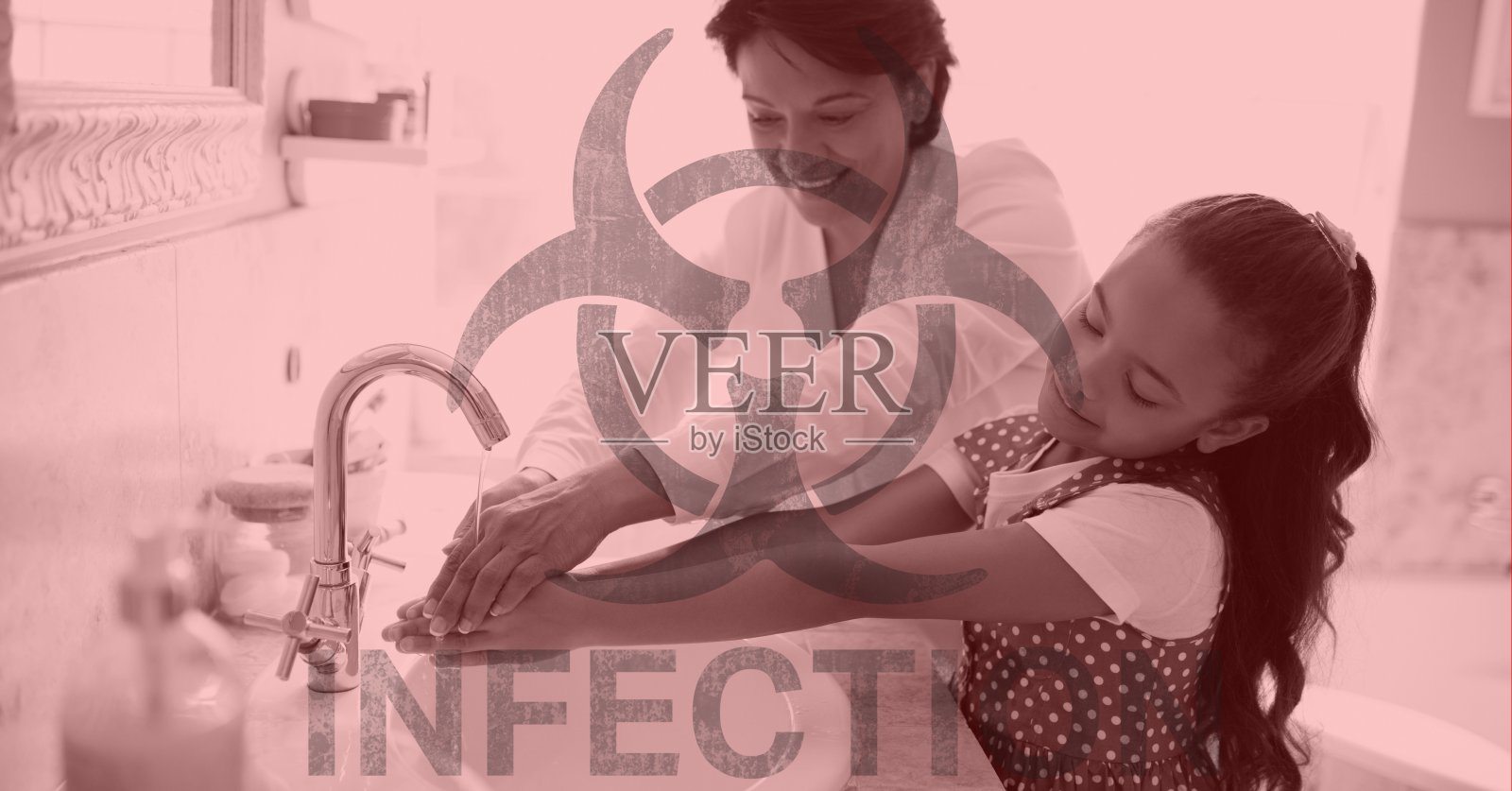 一个危险标志的数字插图与标志感染的妇女和她的女儿洗哈照片摄影图片
