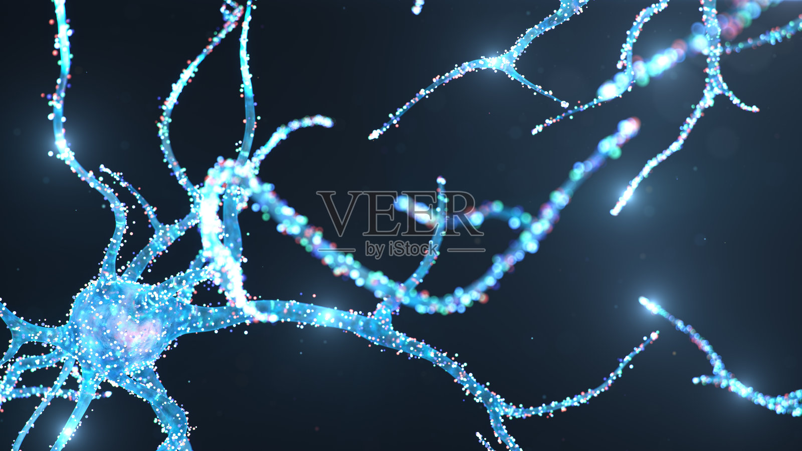 摘要神经细胞发光点。大脑研究和科学。发光的相互连接的神经元。神经元之间会发出电脉冲。发送信息，3d插图照片摄影图片