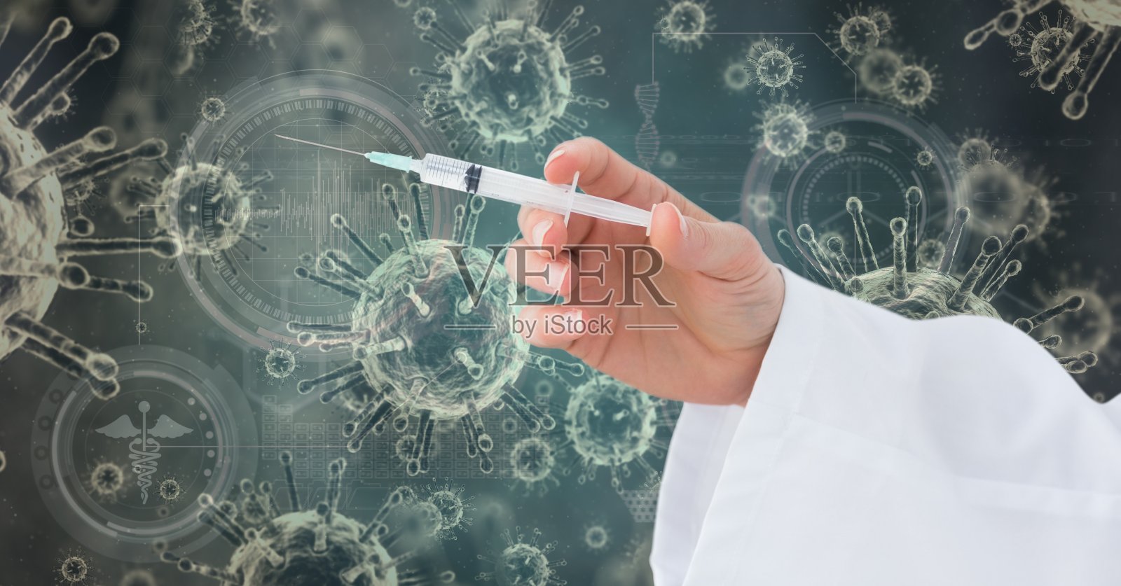 一个医生拿着一个注射器在宏观冠状病毒Covid-19细胞上的数字插图照片摄影图片