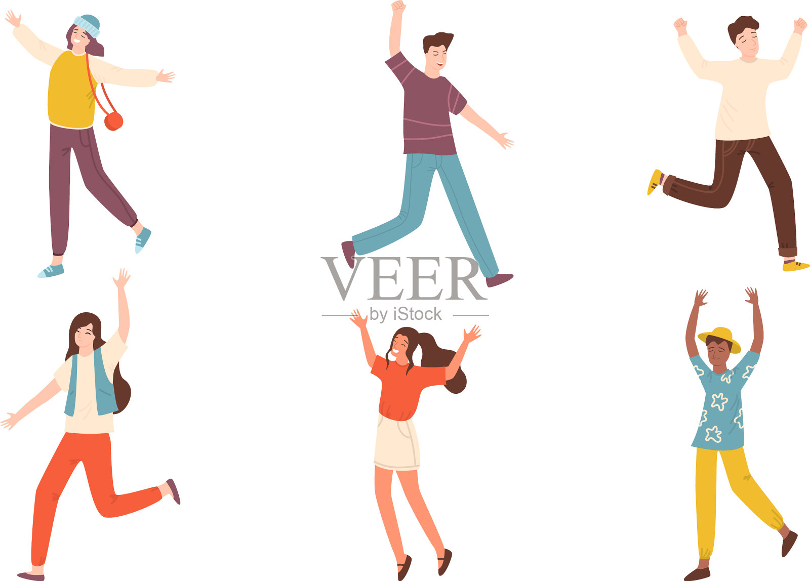 年轻的女孩和男孩微笑着跳跃和感觉插画图片素材