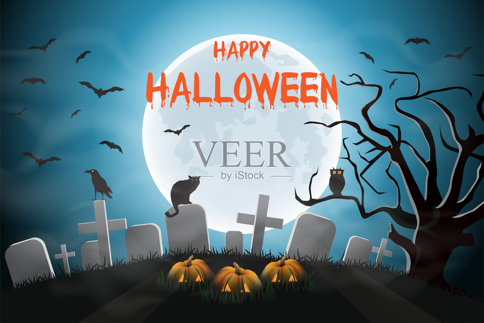 万圣节前夜的背景是一个墓地插画图片素材