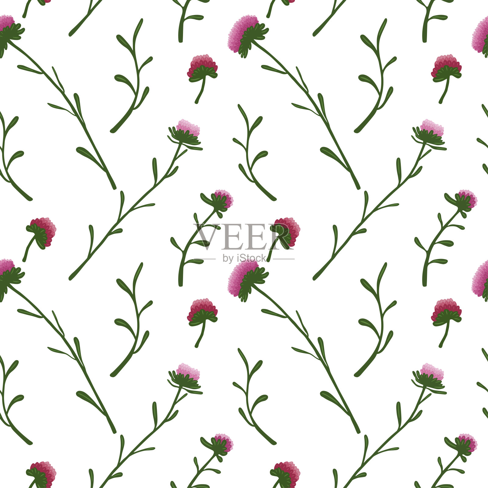 无缝模式与手绘彩色花朵，树枝在白色的背景。涂鸦,简单的说明。可用于纺织品、纸张等表面的装饰。插画图片素材