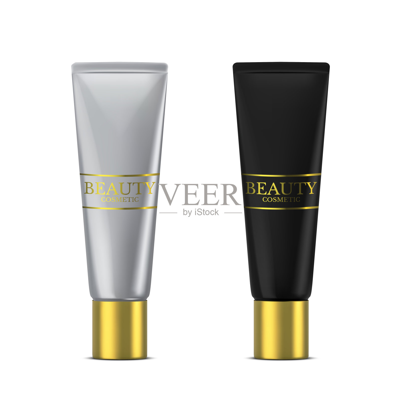 矢量3D化妆品插图美容产品线面部护理。模型银色和黑色瓶子的奶油在白色的背景。现实的向量插画图片素材